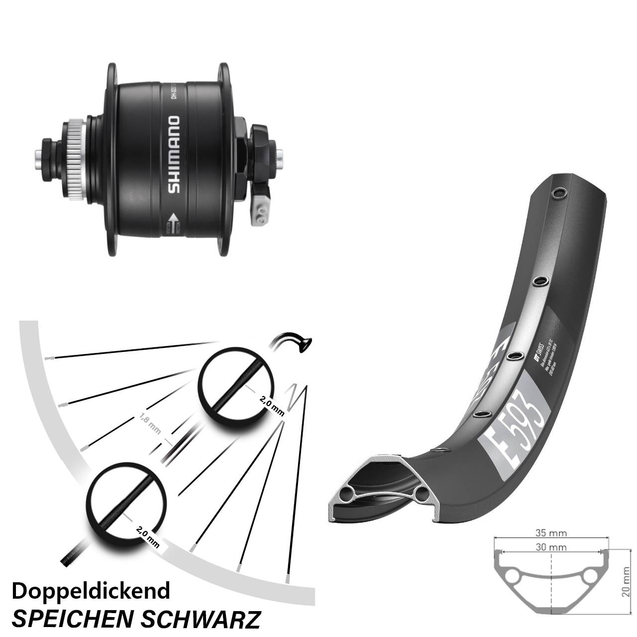 Disc Nabendynamovorderrad 650B DT Swiss E 593 Shimano DH-3D37 für Schnellspanner