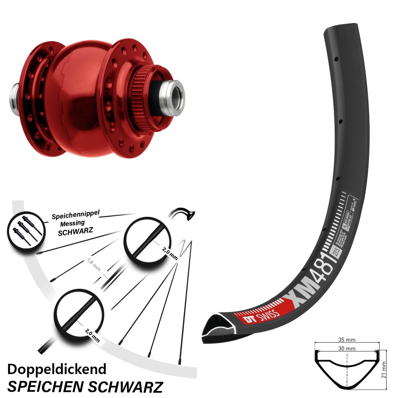 Disc Nabendynamovorderrad 27,5 Zoll DT Swiss XM481 SON 28 rot 12x100