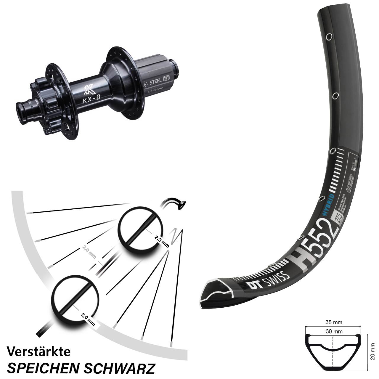 Hinterrad 6-Loch 29 Zoll DT Swiss H552 KX-B verstärkt 8-12 fach 12x148 Boost