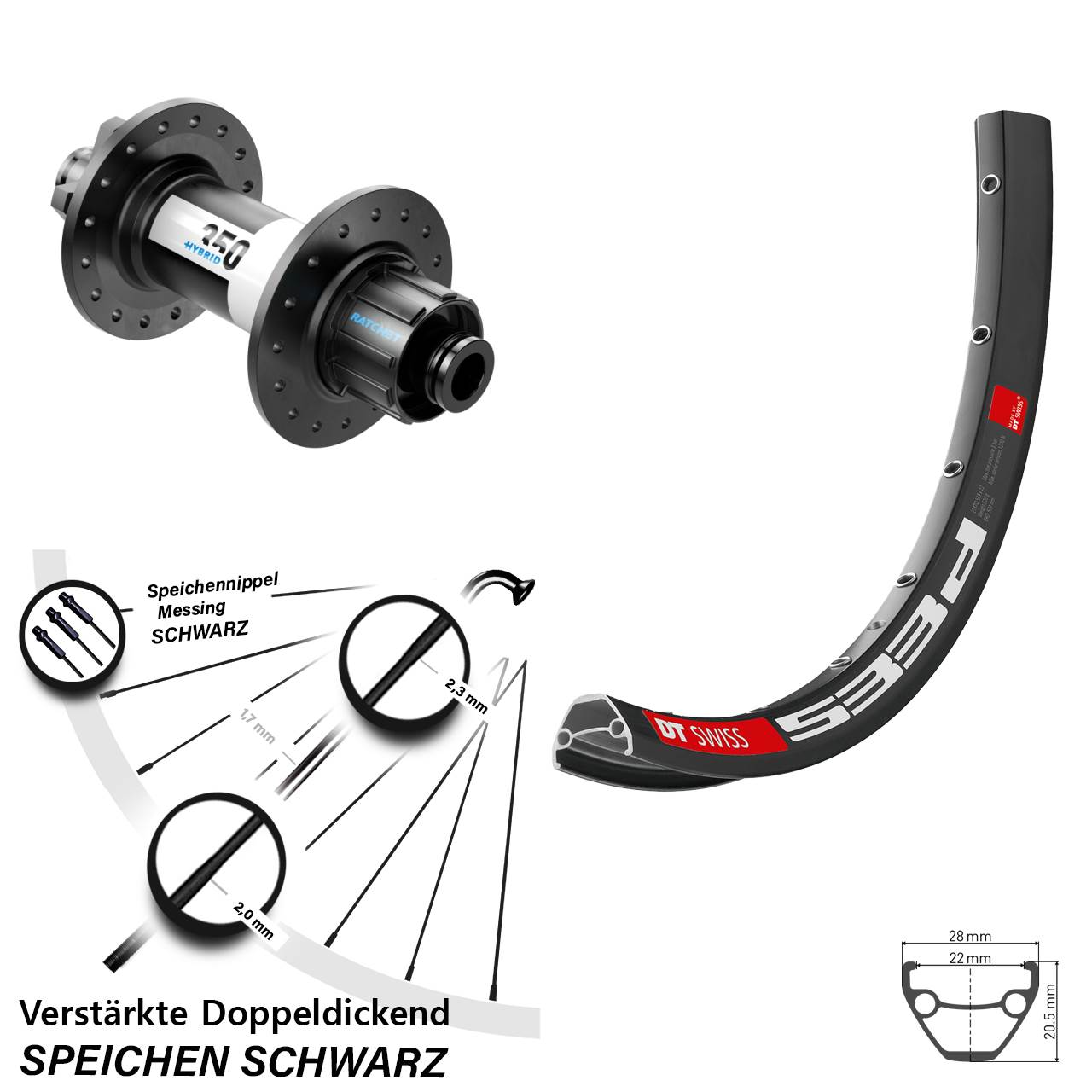 Hinterrad 26 Zoll DT Swiss 533D-350 Hybrid Singlespeed 12x142 6-Loch