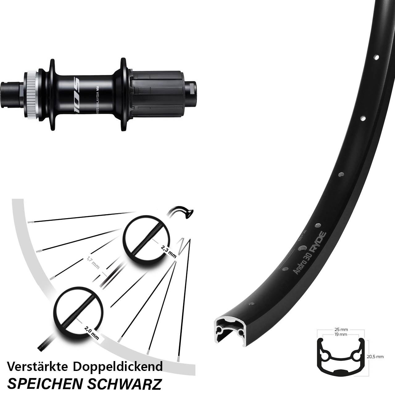 28 Zoll Ryde Andra 30 Disc Shimano 105 FH-R7070 Hinterrad 12x142 8-12 fach HG