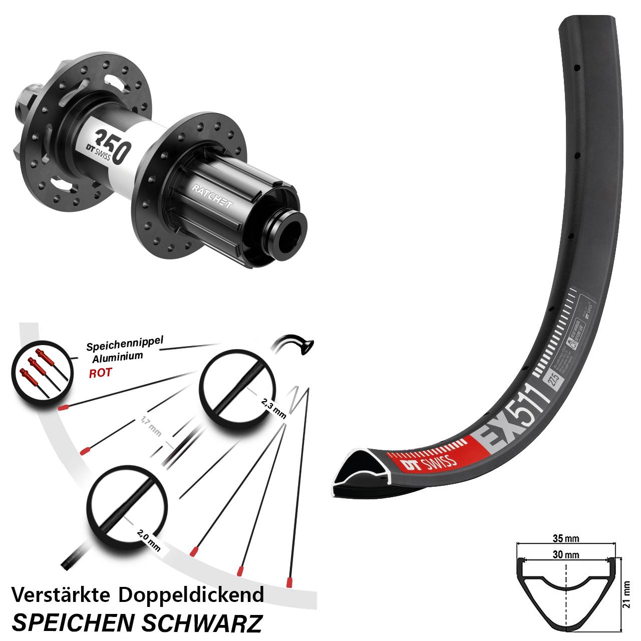 DT Swiss EX 511-350 Downhill 29 Zoll Disc Hinterrad 12x150 (DH alt) 8-11 fach HG