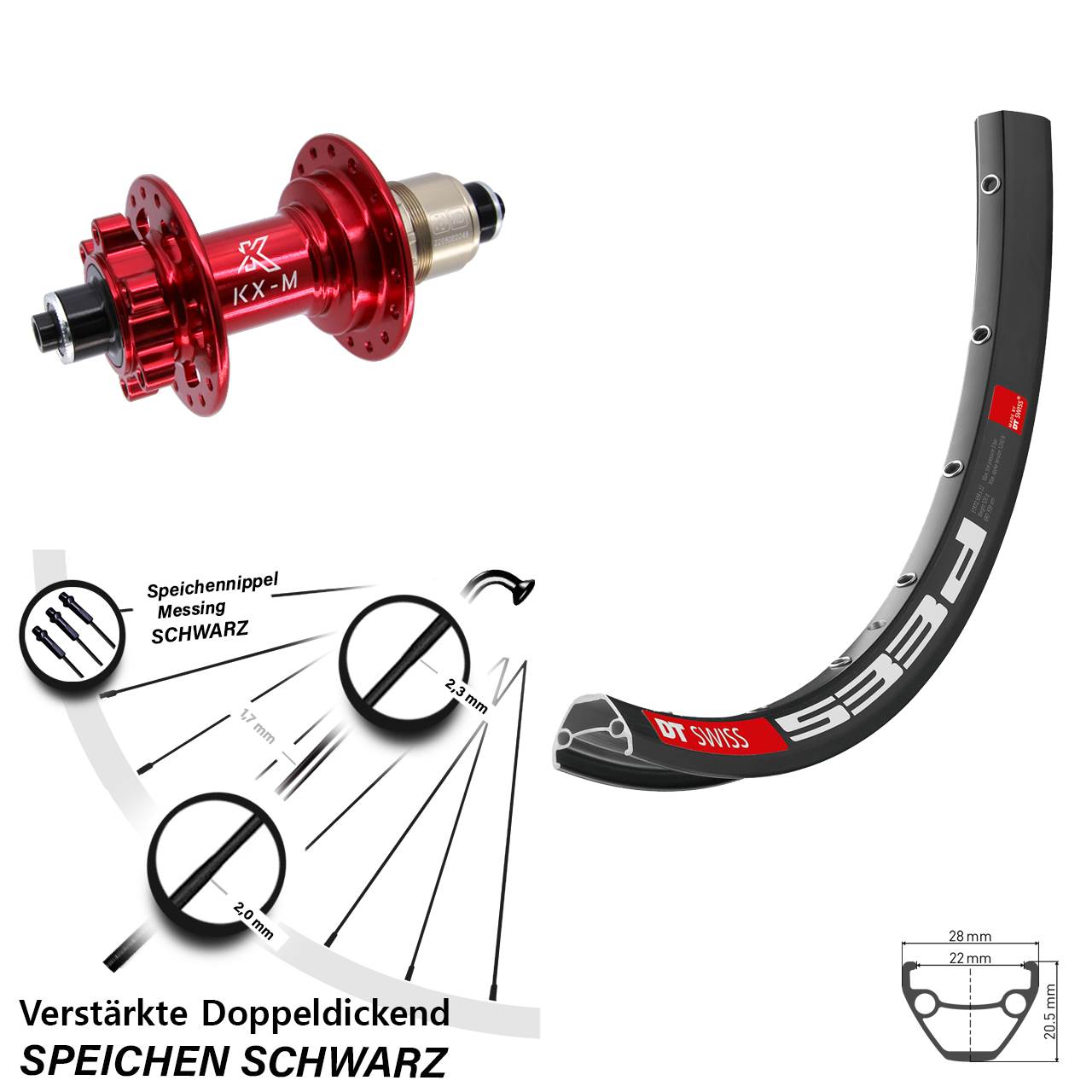 29 Zoll DT Swiss 533 D KX-M rot 6-Loch Hinterrad für Schnellspanner XD 11-12 fach