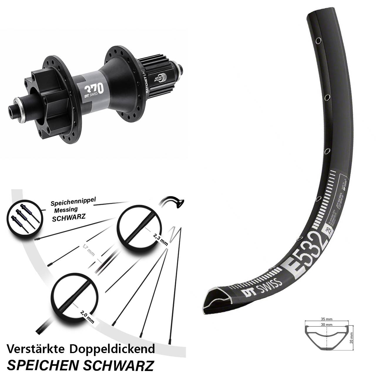 29 Zoll DT Swiss E 532-370 Hybrid Hinterrad 6-Loch Disc QR Shimano Micro Spline