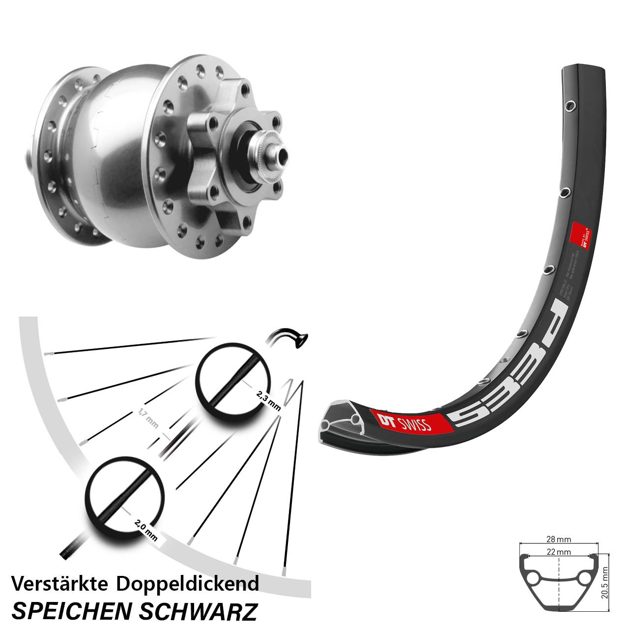 SON 28 DT Swiss 533 D 27,5 Zoll Disc Vorderrad mit Nabendynamo für Schnellspanner