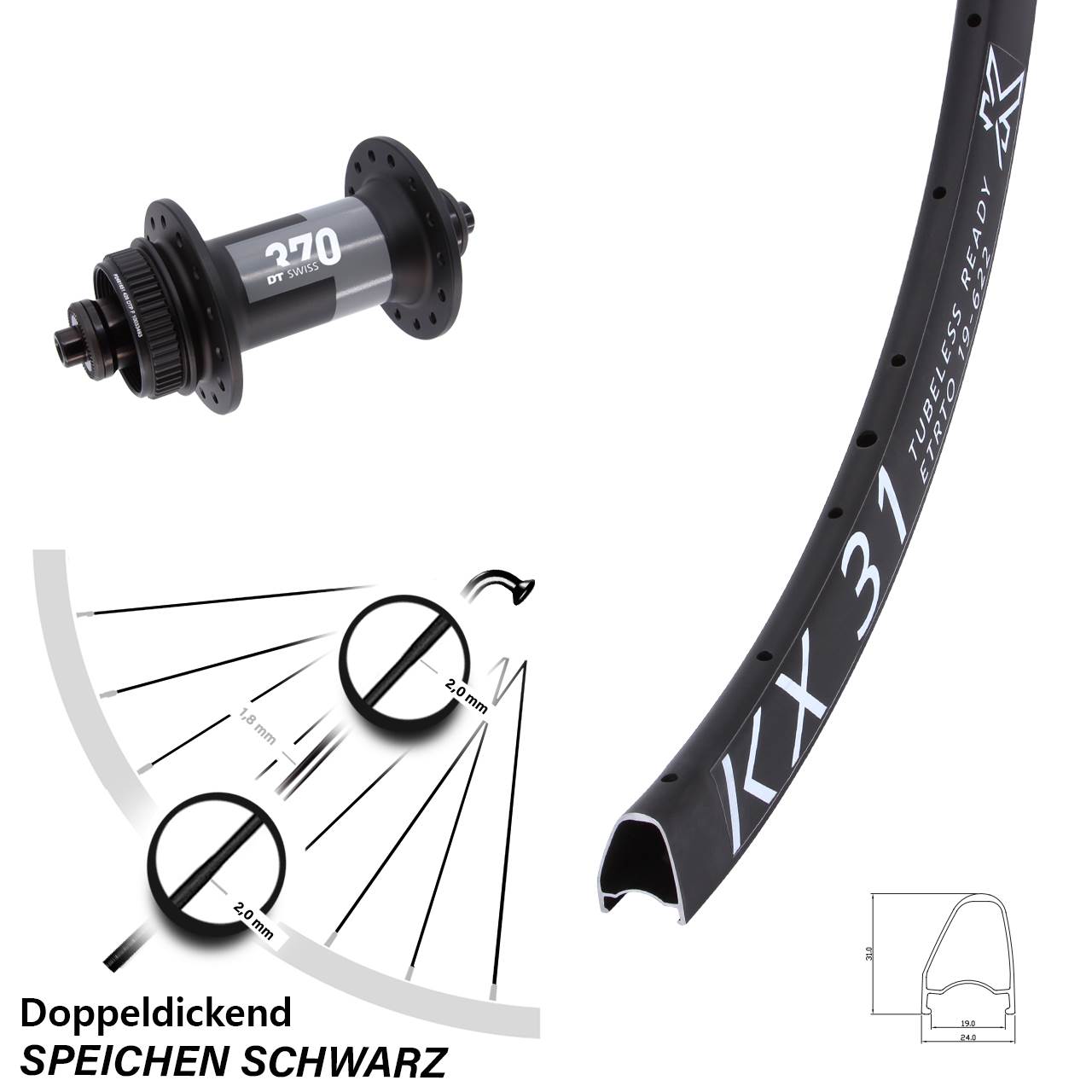 28 Zoll KX 31 Offset DT Swiss 370 Disc Laufrad QR