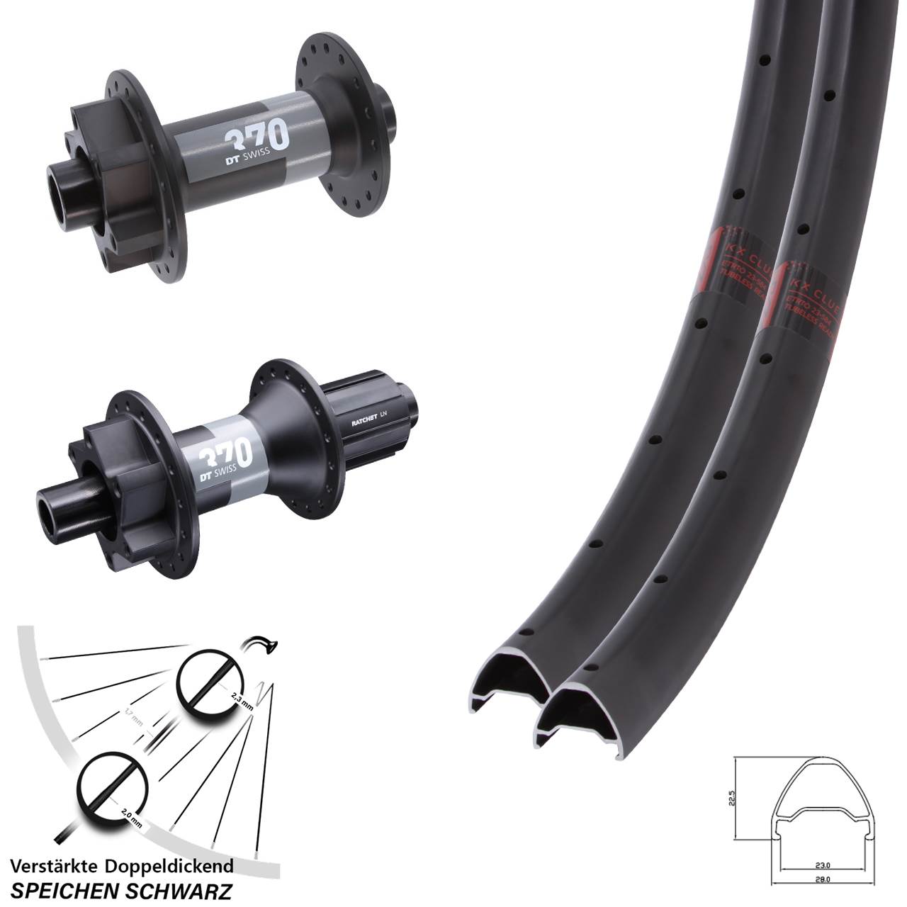 KX Clue DT Swiss 370 28 Zoll Laufradsatz 6-Loch 15x110 12x148 Boost 8-11 fach HG