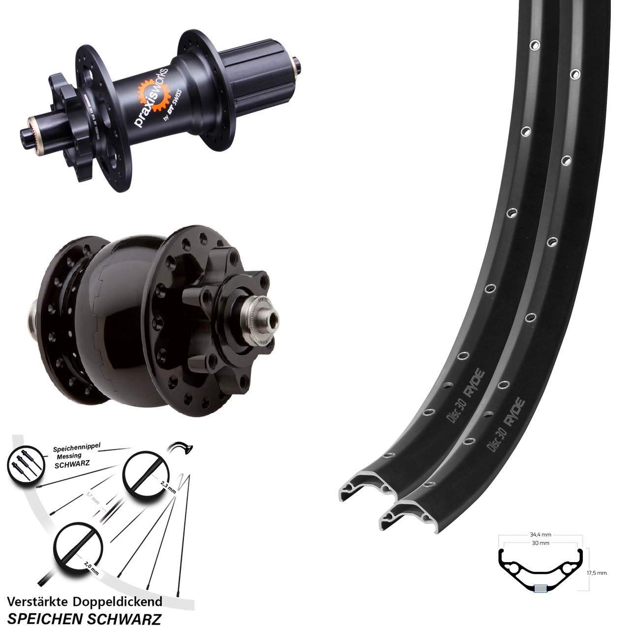 Laufrad-Satz QR 27,5 Zoll Ryde Disc 30 DT Swiss 350 SON 28 8-11 fach HG
