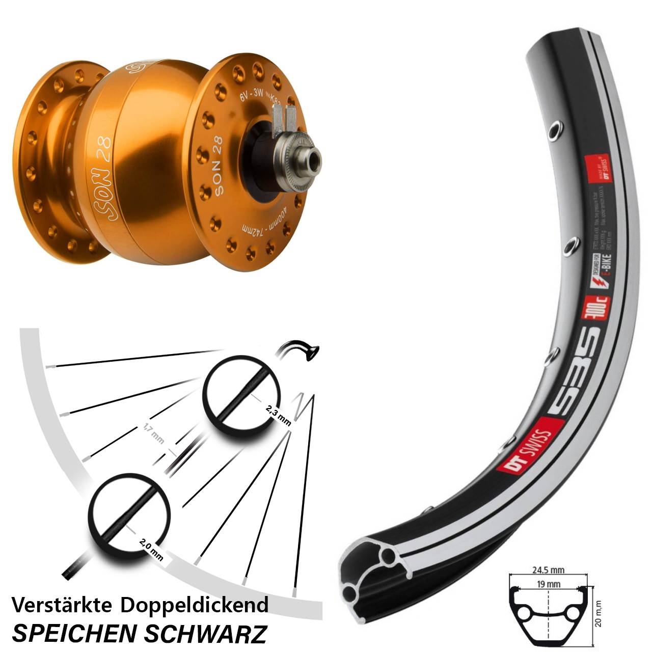 oranger SON 28 Zoll DT Swiss 535 Vorderrad mit Nabendynamo für Schnellspanner
