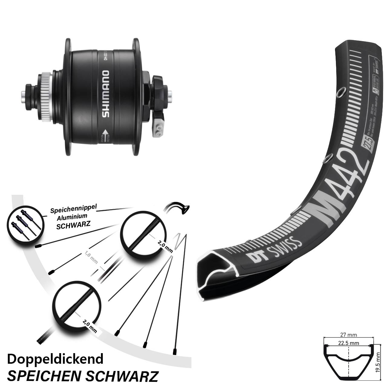 29 Zoll DT Swiss M442 Shimano DH-3D37 Dynamo-Vorderrad Centerlock für Schnellspanner