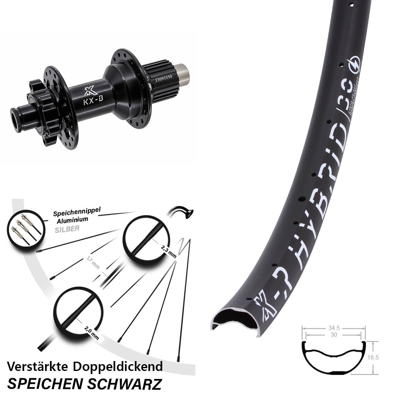 29 Zoll KX-BR Hybrid 30 Hinterrad 6-Loch 12x148 Shimano Micro Spline