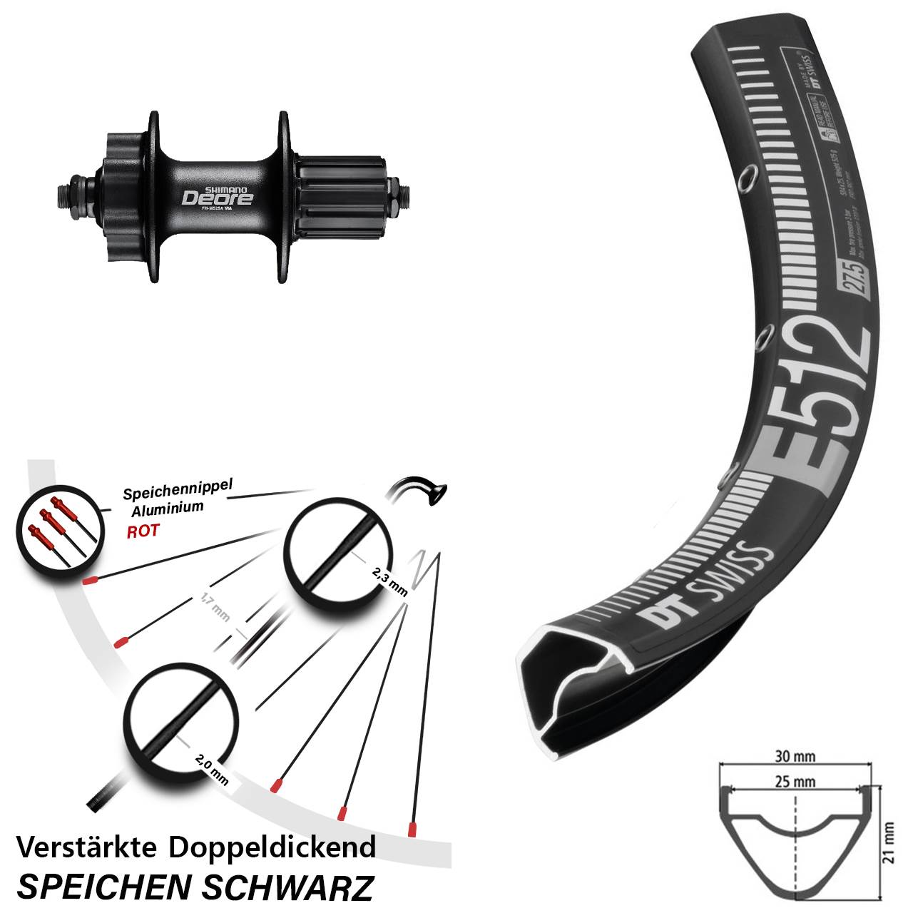 650B DT Swiss E 512 Shimano Deore FH-M525 6-Loch Hinterrad QR 8-11 fach HG
