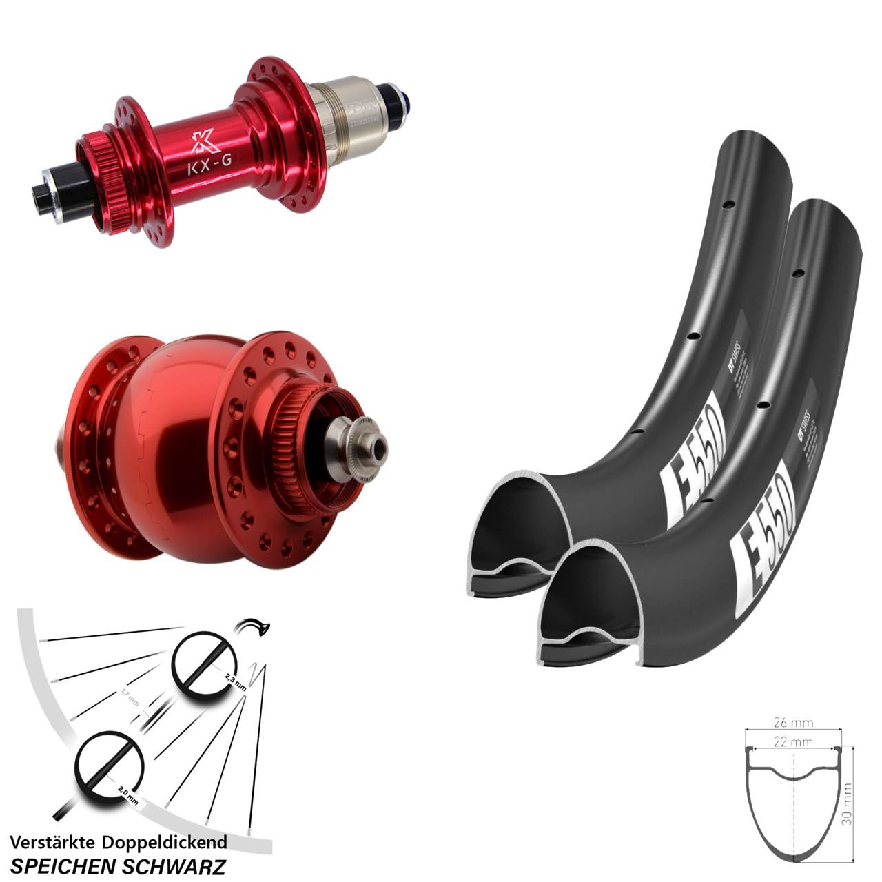 DT Swiss E 550 KX-G rot SON 28 Zoll Laufradsatz Centerlock QR XDR 11-12 fach