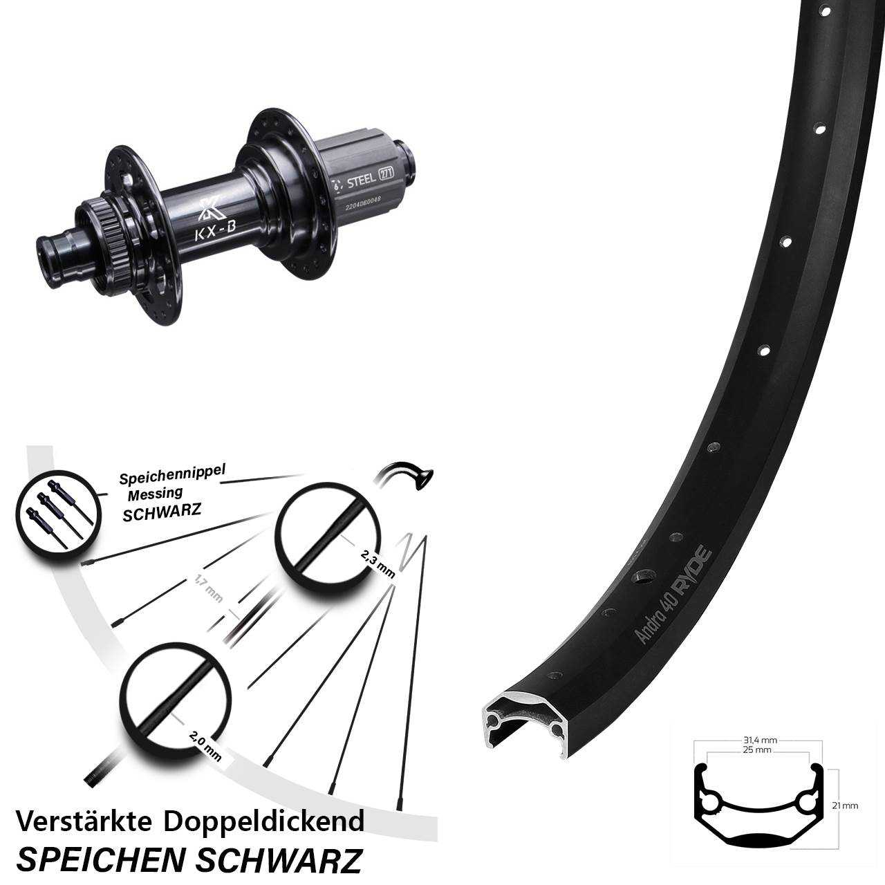 Boost Hinterrad Centerlock 12x148 29 Zoll Ryde Andra 40 Disc KX-B Stahlachse 8-12 fach HG