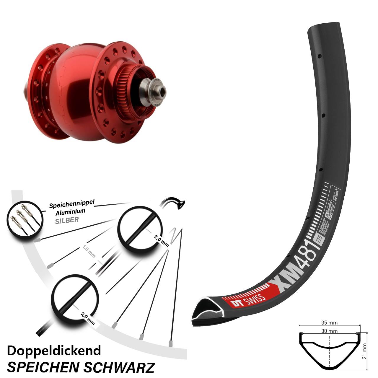 Nabendynamo-Vorderrad Centerlock 27,5 Zoll DT Swiss XM481 SON delux rot für Schnellspanner