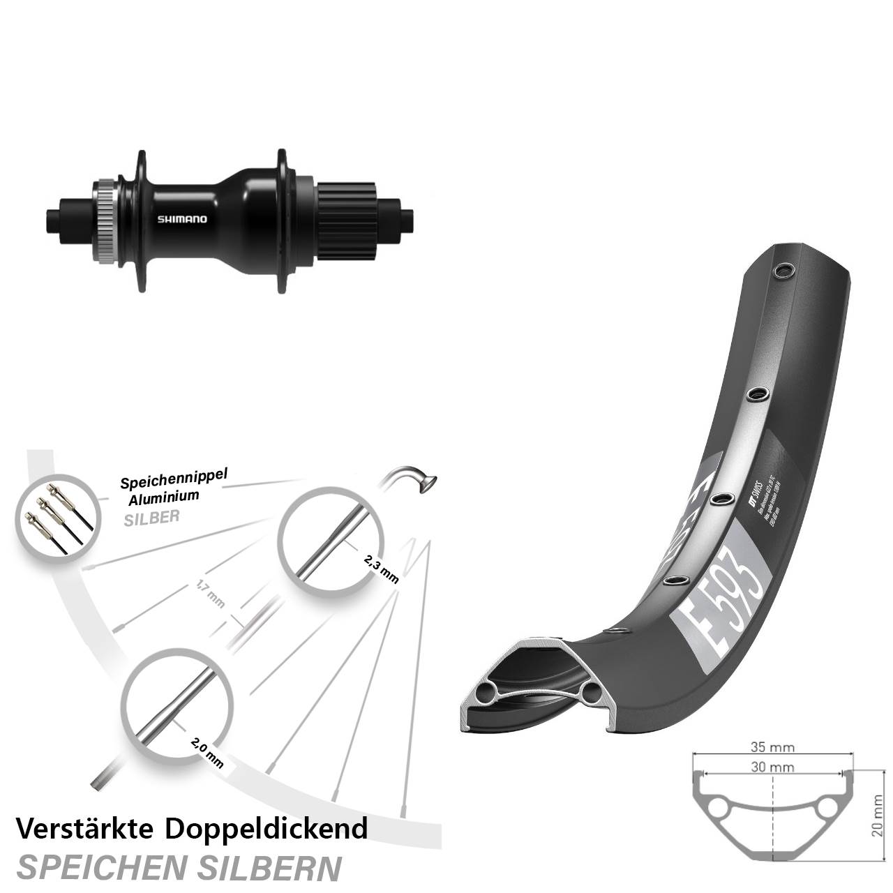 DT Swiss E593 Shimano FH-QC500 29 Zoll Disc Laufrad für Schnellspanner Micro Spline