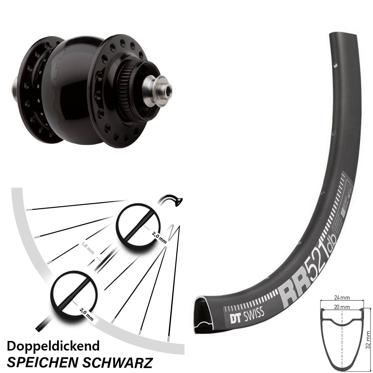 SON 28 Zoll Vorderrad Nabendynamo DT Swiss RR 521 Disc