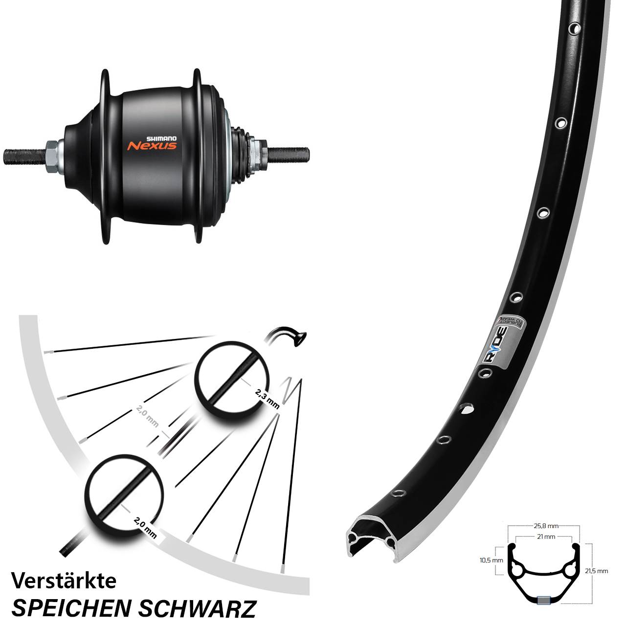 26 Zoll Ryde ZAC 421 Shimano Nexus 8 Gang Freilauf Hinterrad schwarz