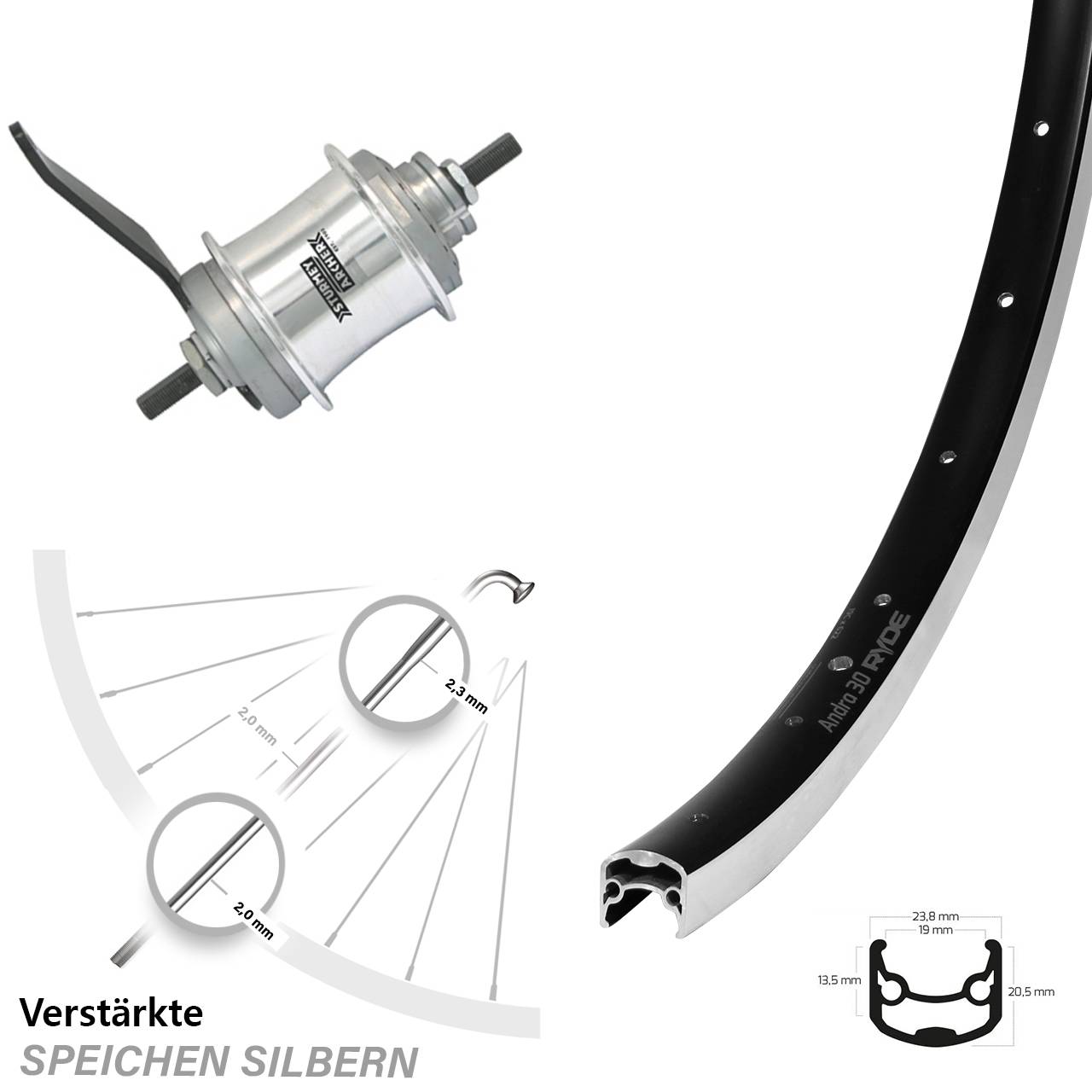 Ryde Andra 30 Hinterrad 26 Zoll Sturmey Archer Duomatic 2 Gang Rücktritt Speichen silbern