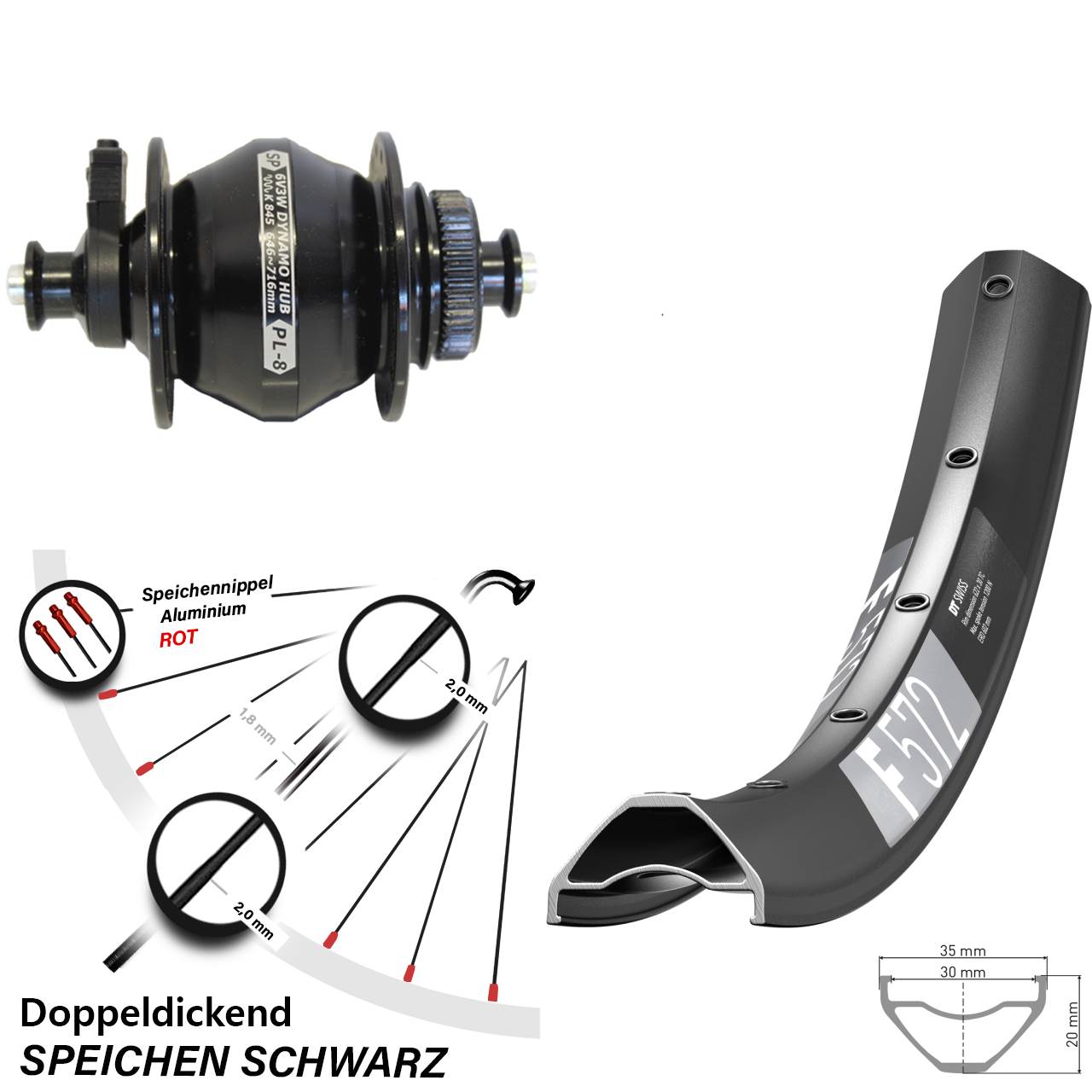 Nabendynamo-Vorderrad 27,5 Zoll DT Swiss F572 Shutter Precision PL-8 5x100 Centerlock