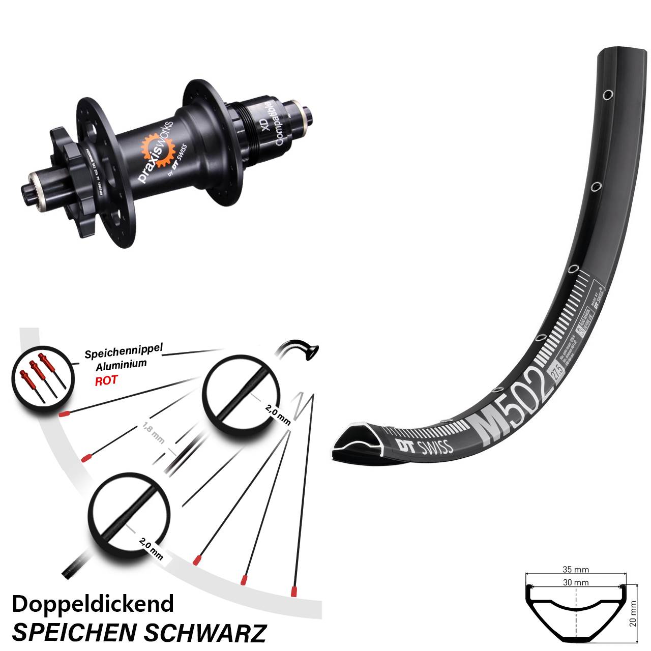 DT Swiss M 502 350 27,5 Zoll 6-Loch Hinterrad QR XD 11-12 fach