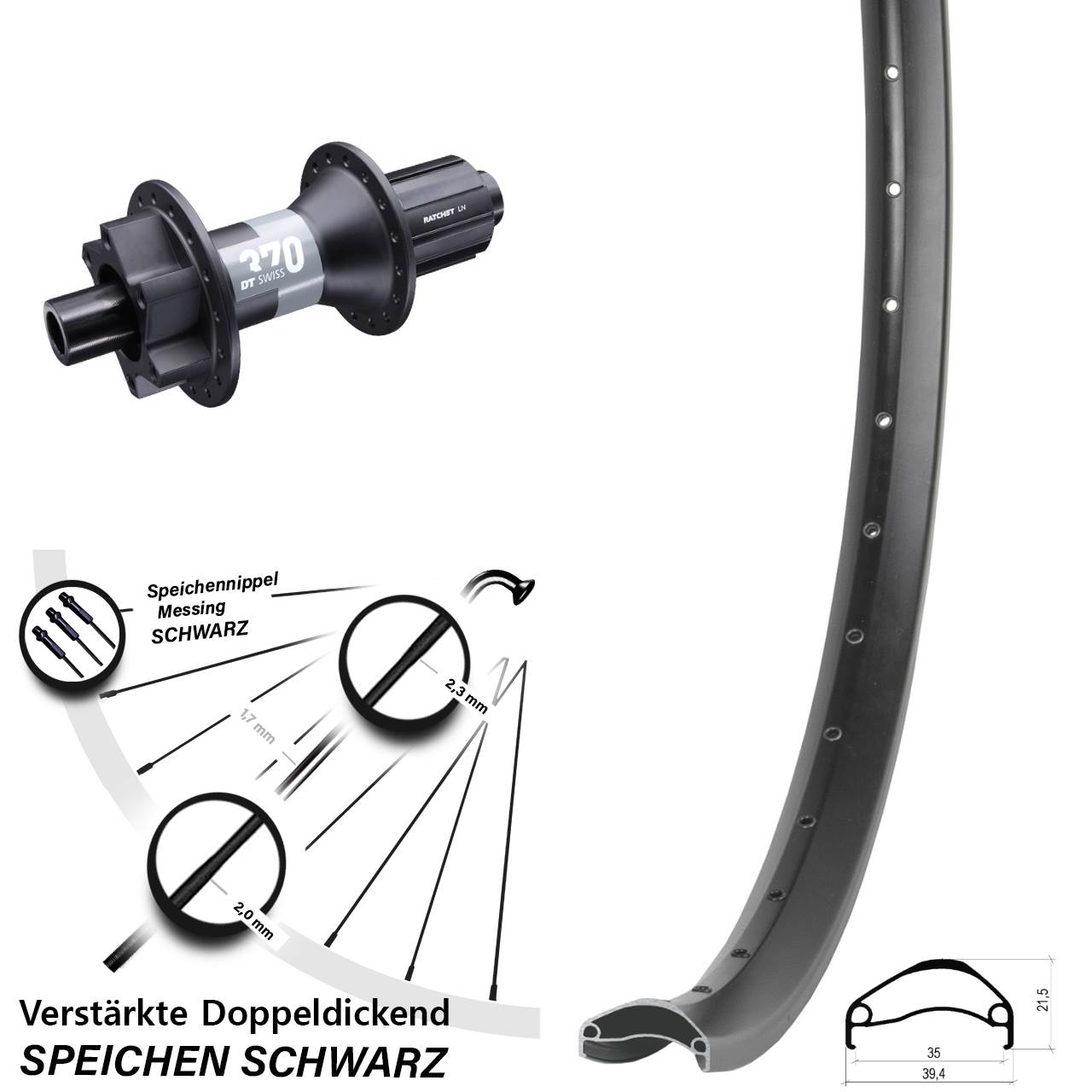 27,5 Zoll Ambrosio E35 DT Swiss 370 Hinterrad 6-Loch 12x148 8-11 fach HG