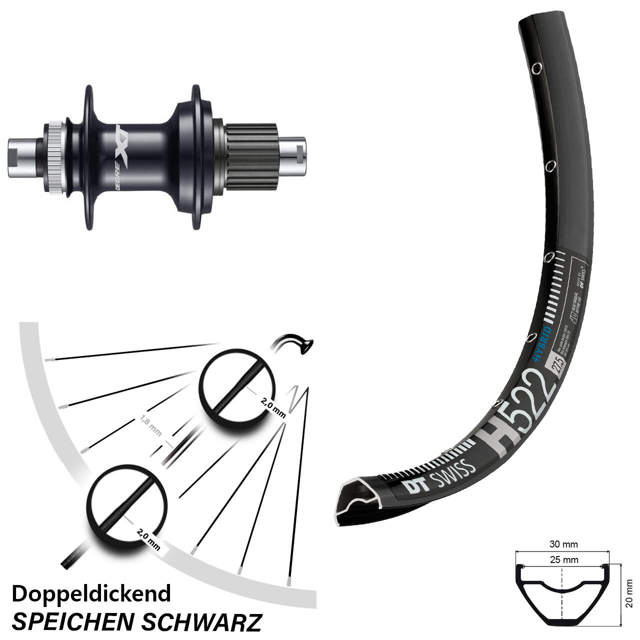 29 Zoll DT Swiss H522 Shimano Deore XT FH-M8110 Disc Hinterrad 12x142 Micro Spline