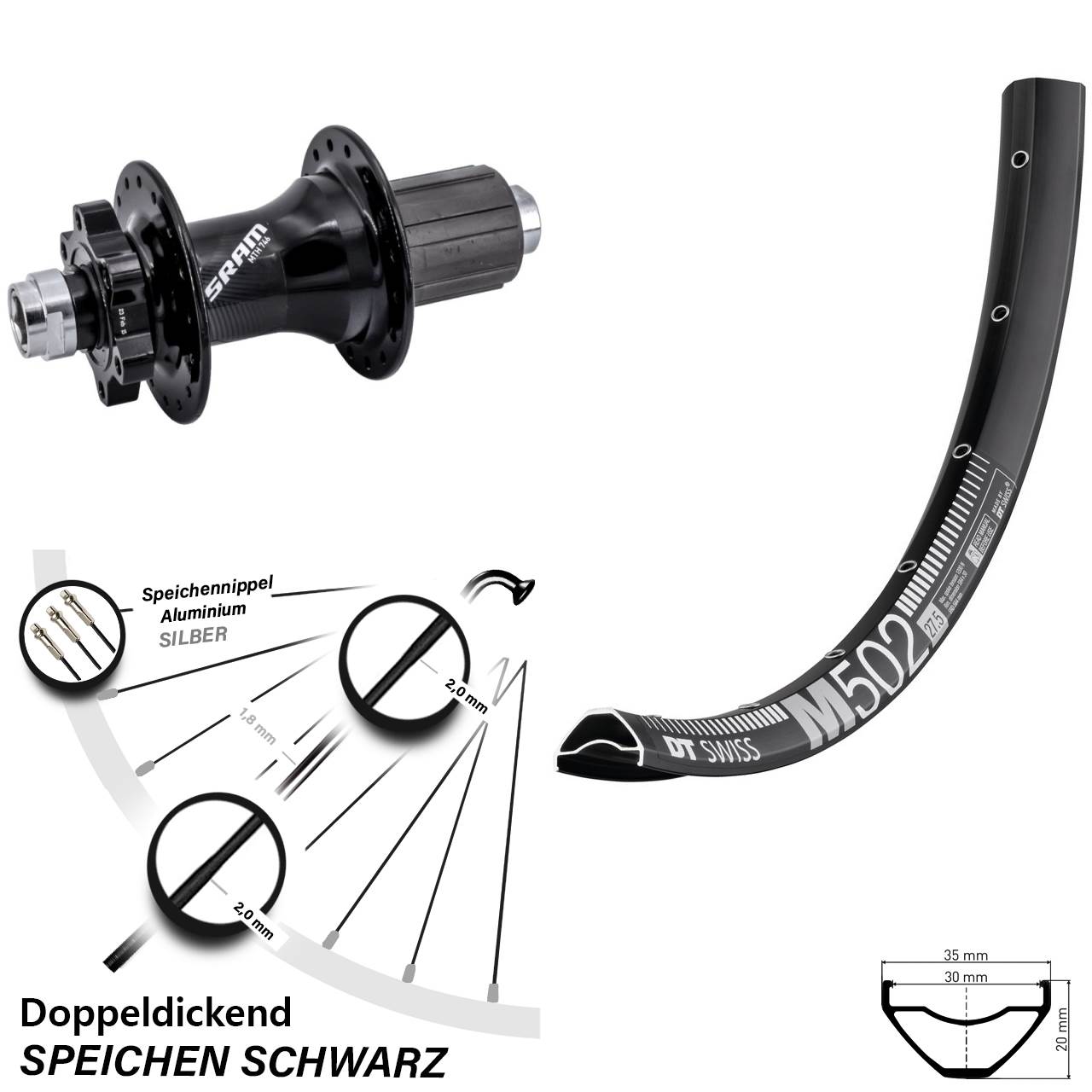 Disc Hinterrad 12x148 27,5 Zoll DT Swiss M 502 Sram 746 8-11 fach HG