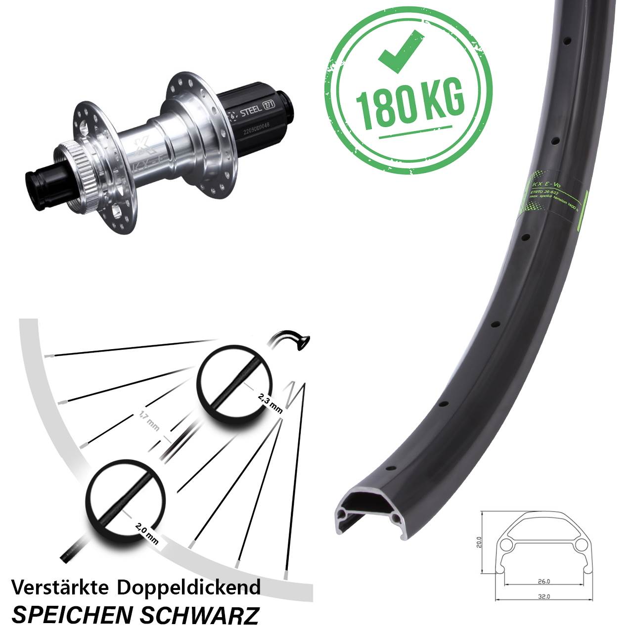 Centerlock Hinterrad 12x142 27,5 Zoll KX Evo E-Bike Stahlachse 8-12 fach HG