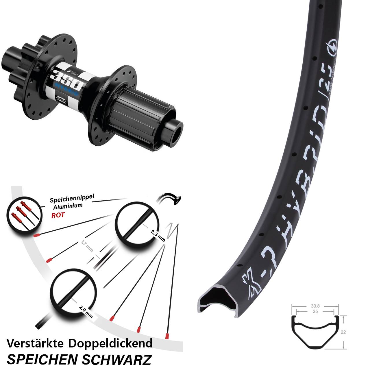 Hinterrad 27,5 Zoll KX-R Hybrid 25 DT Swiss 350 8-11 fach 12x148 Boost 6-Loch