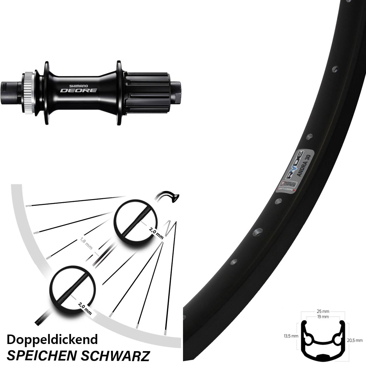 28 Zoll Hinterad Ryde Andra 30 Disc mit Shimano Deore FH-M6010 Nabe
