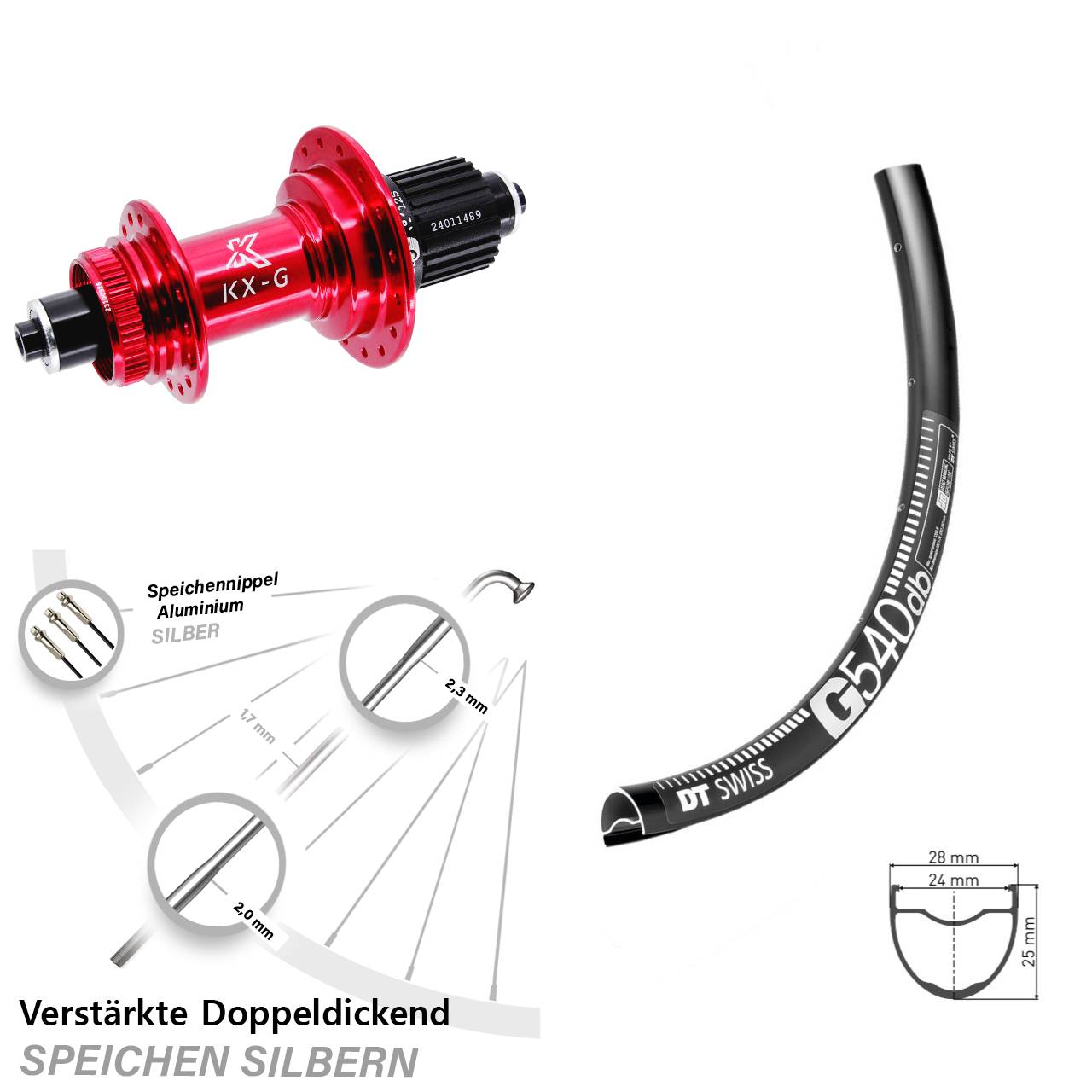 28-29 Zoll DT Swiss G540 KX-G rot Centerlock Hinterrad für Schnellspanner Micro Spline