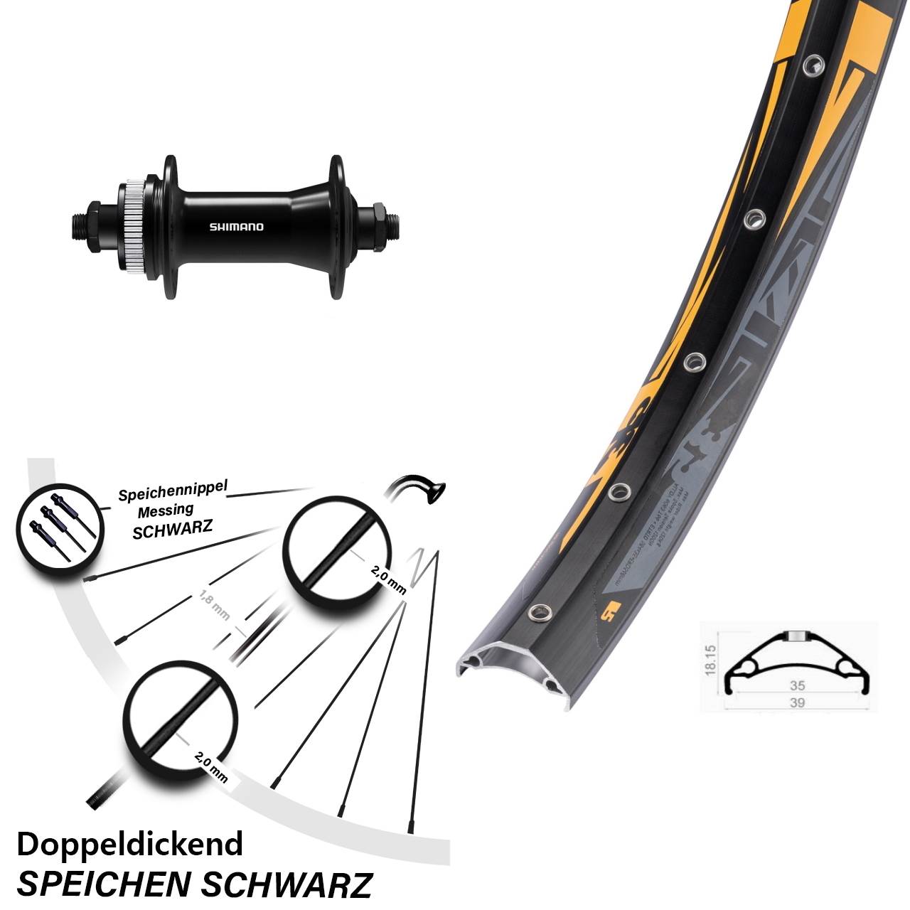 Vorderrad Centerlock 27,5 Zoll Rodi TRYP 35 Shimano HB-QC400 für Schnellspanner