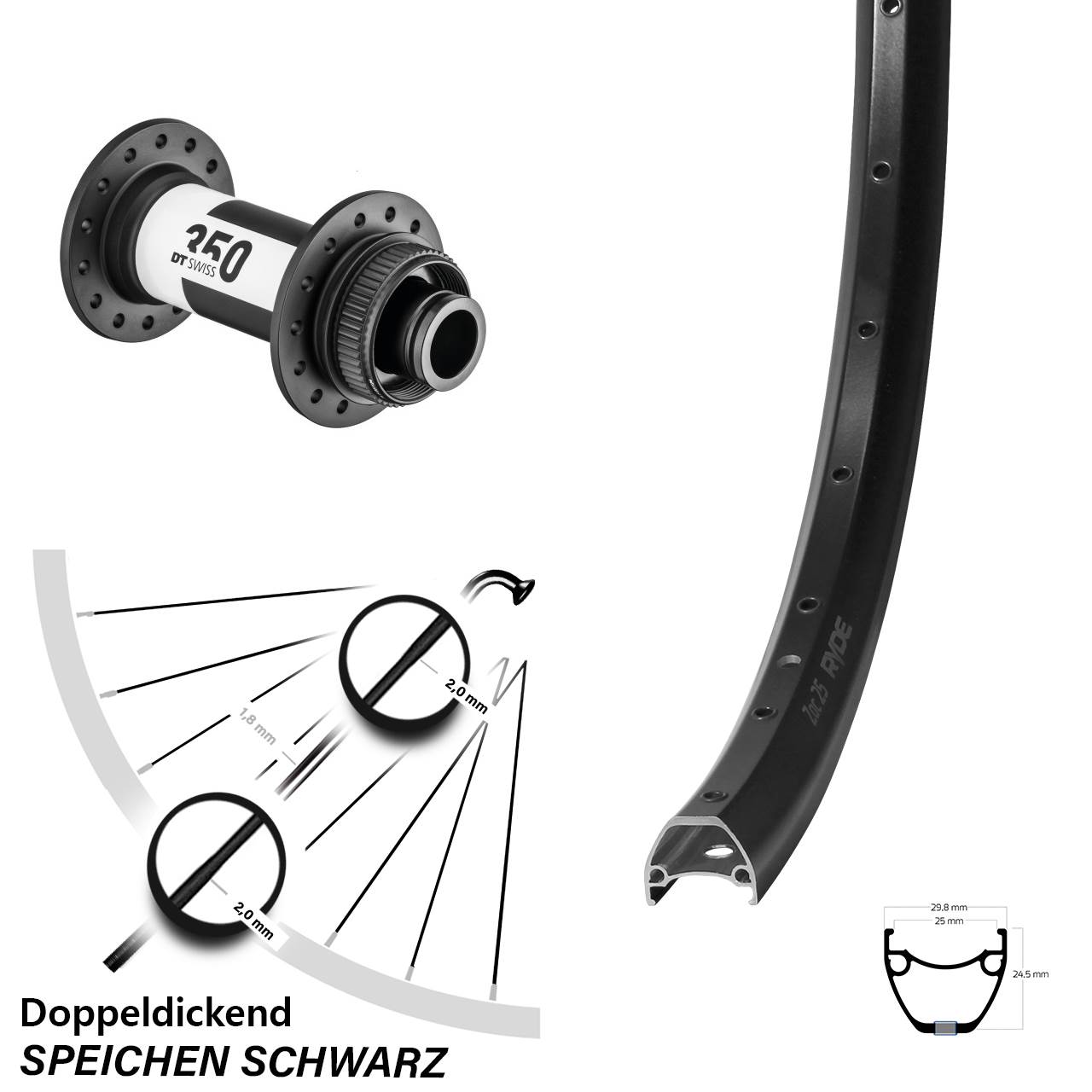 Ryde ZAC 25 DT Swiss 350 28 Zoll Disc Laufrad 15x110 Boost