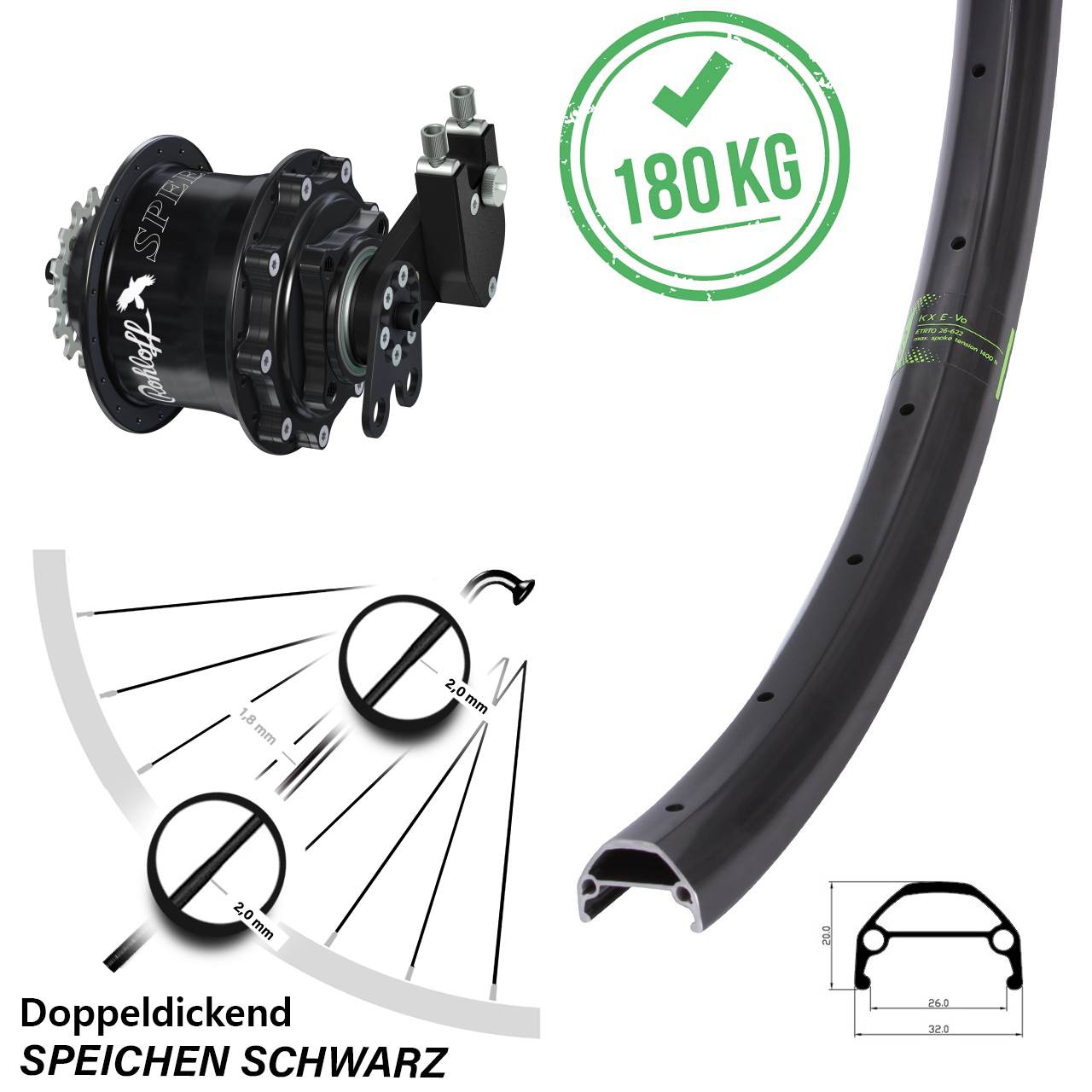 KX Evo Disc-Hinterrad 20 Zoll mit Rohloff Speedhub 500/14 CC DB schwarz Nabe