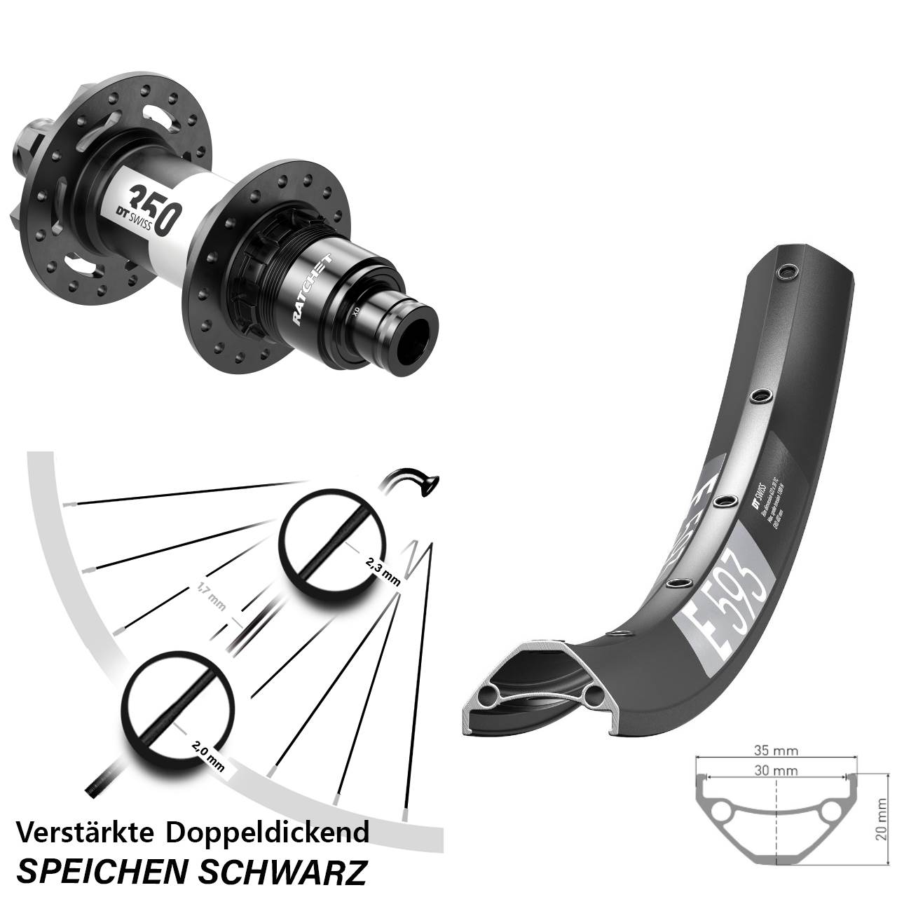 DT Swiss E593-350 29 Zoll 6-Loch Hinterrad 12x148 XD 11-12 fach