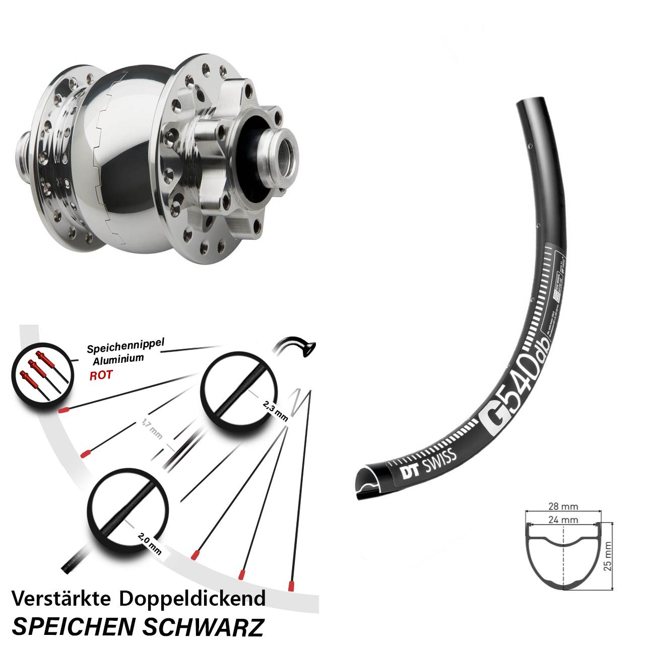 Vorderrad Dynamo DT Swiss G 540 Disc SON 28-12 Steckachse silbern poliert