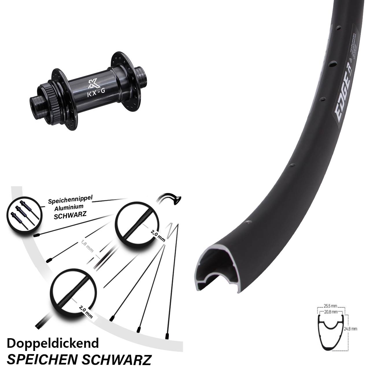 28 Zoll Vorderrad KX-G Ryde Edge R25 OS Steckachse 12x100 mm
