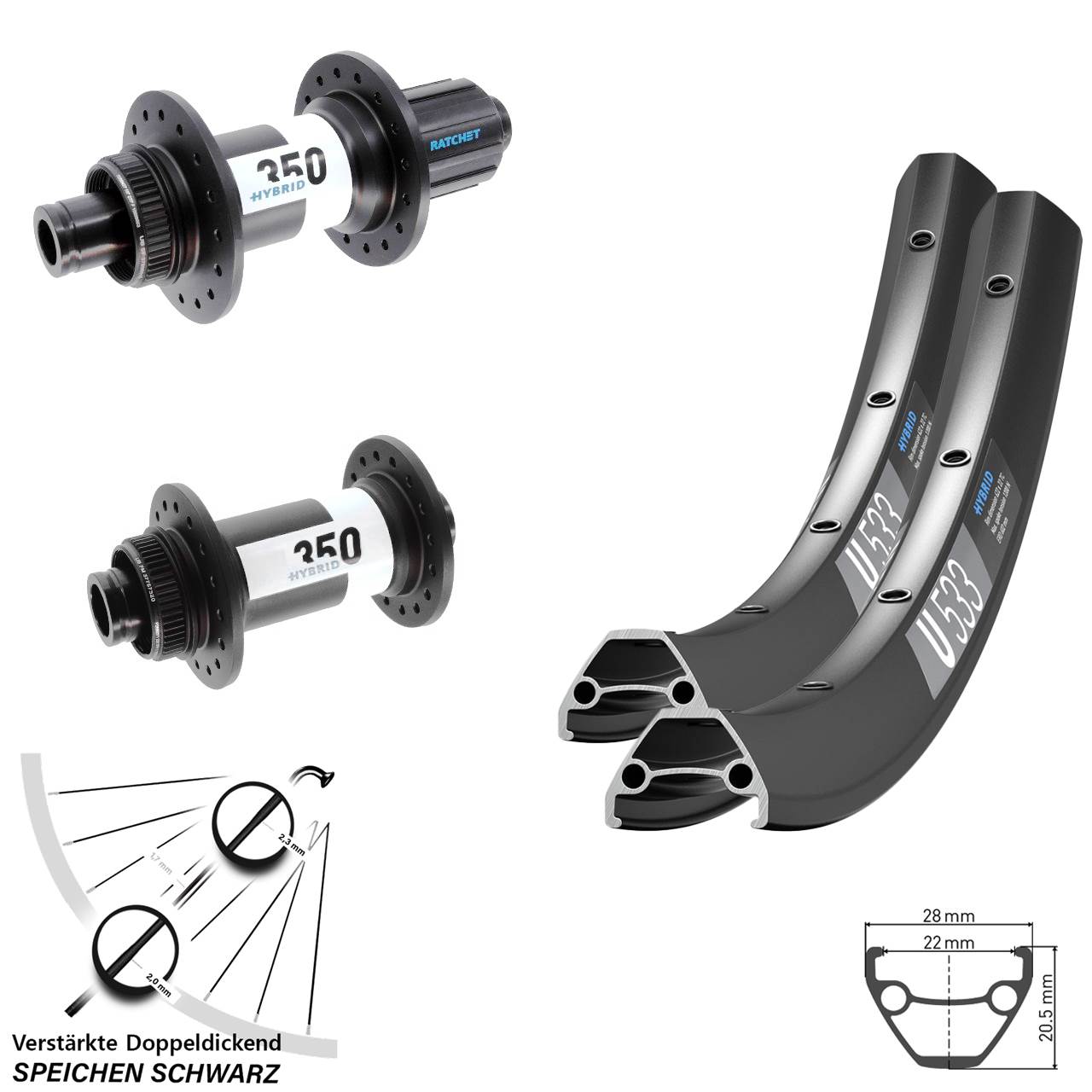 Centerlock Laufradsatz 28 Zoll DT Swiss U533 350 Hybrid HG 15x110/148