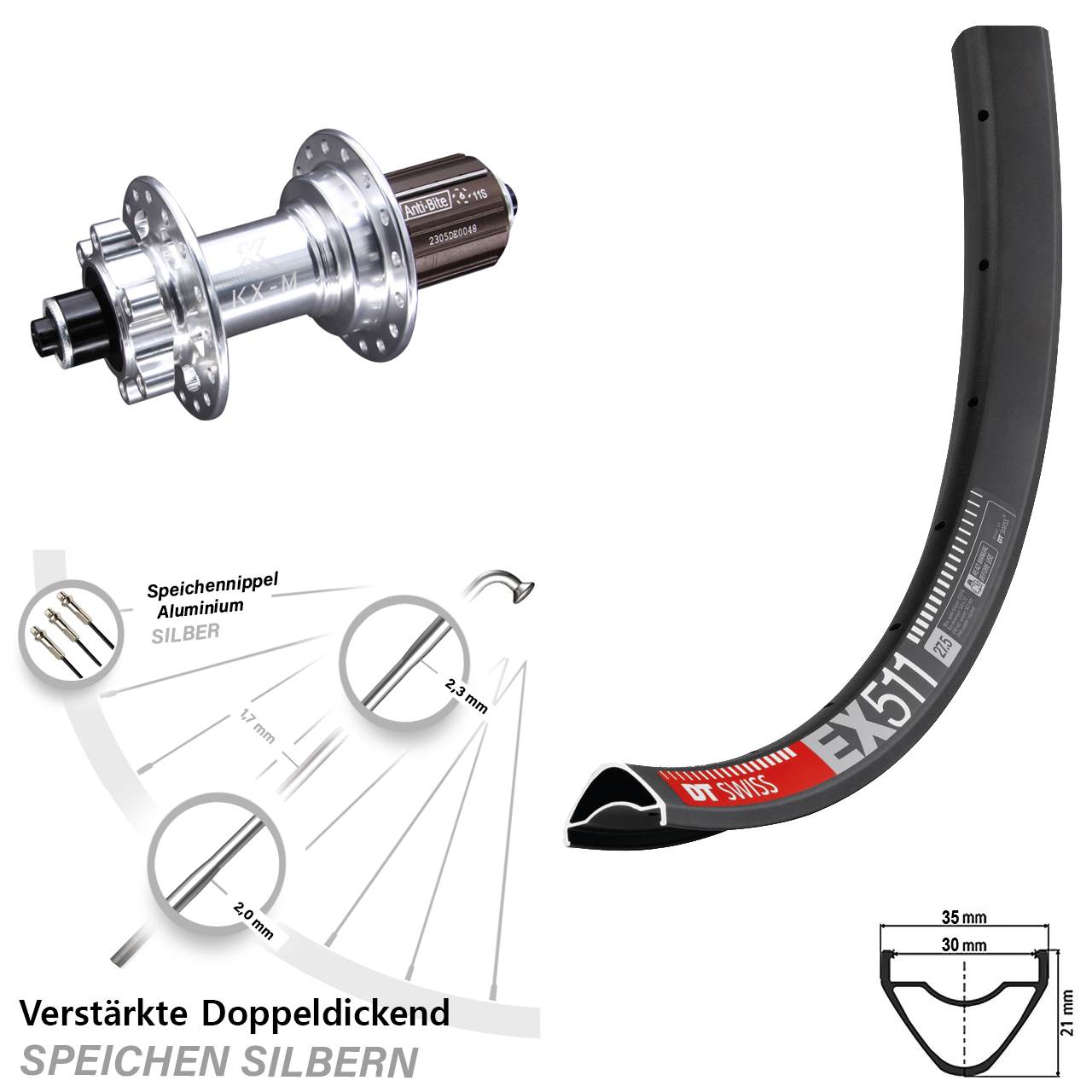 DT Swiss EX 511 KX-M 29 Zoll Disc Hinterrad für Schnellspanner 8-12 fach