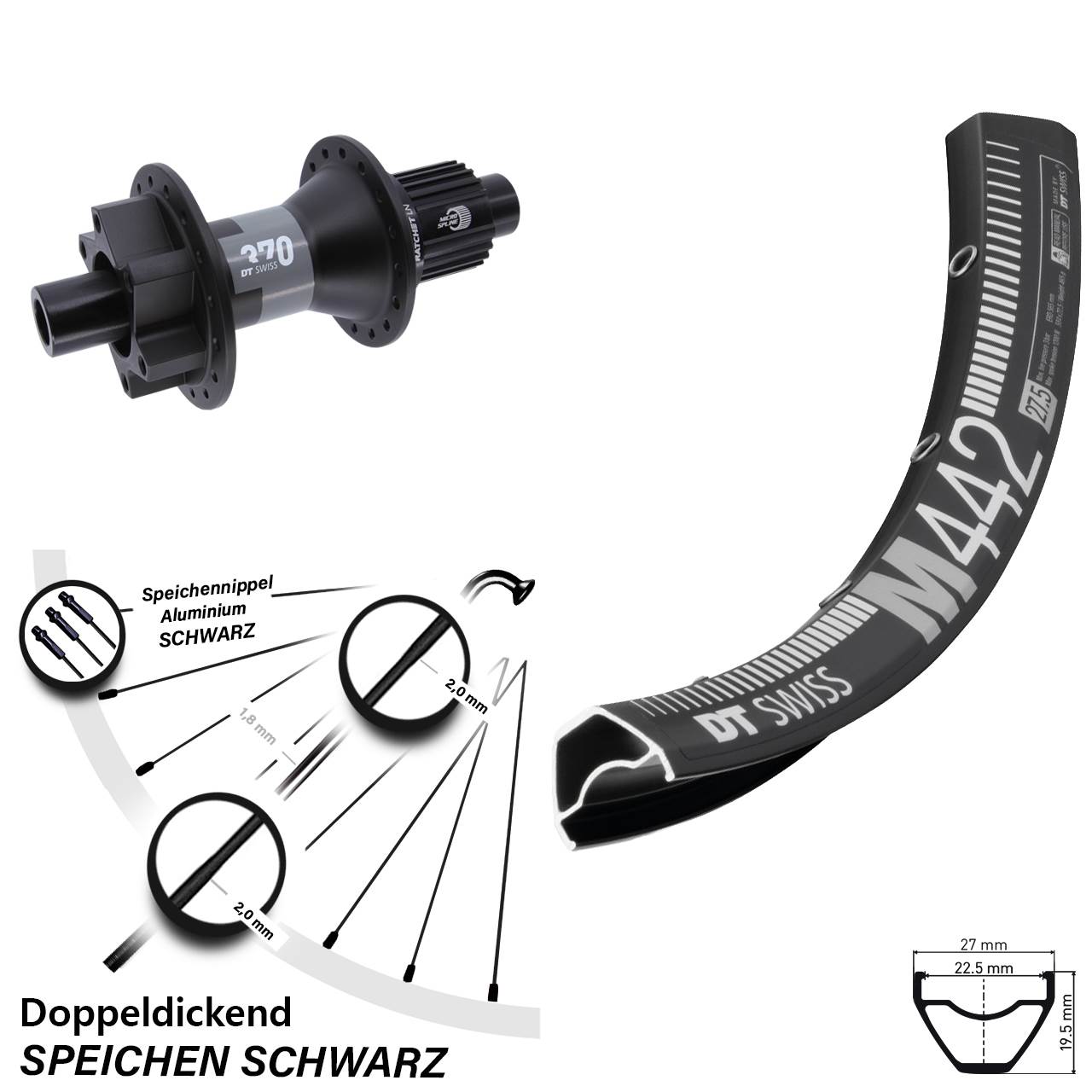 6-Loch Hinterrad 28 Zoll DT Swiss M442-370 Micro Spline 12x142