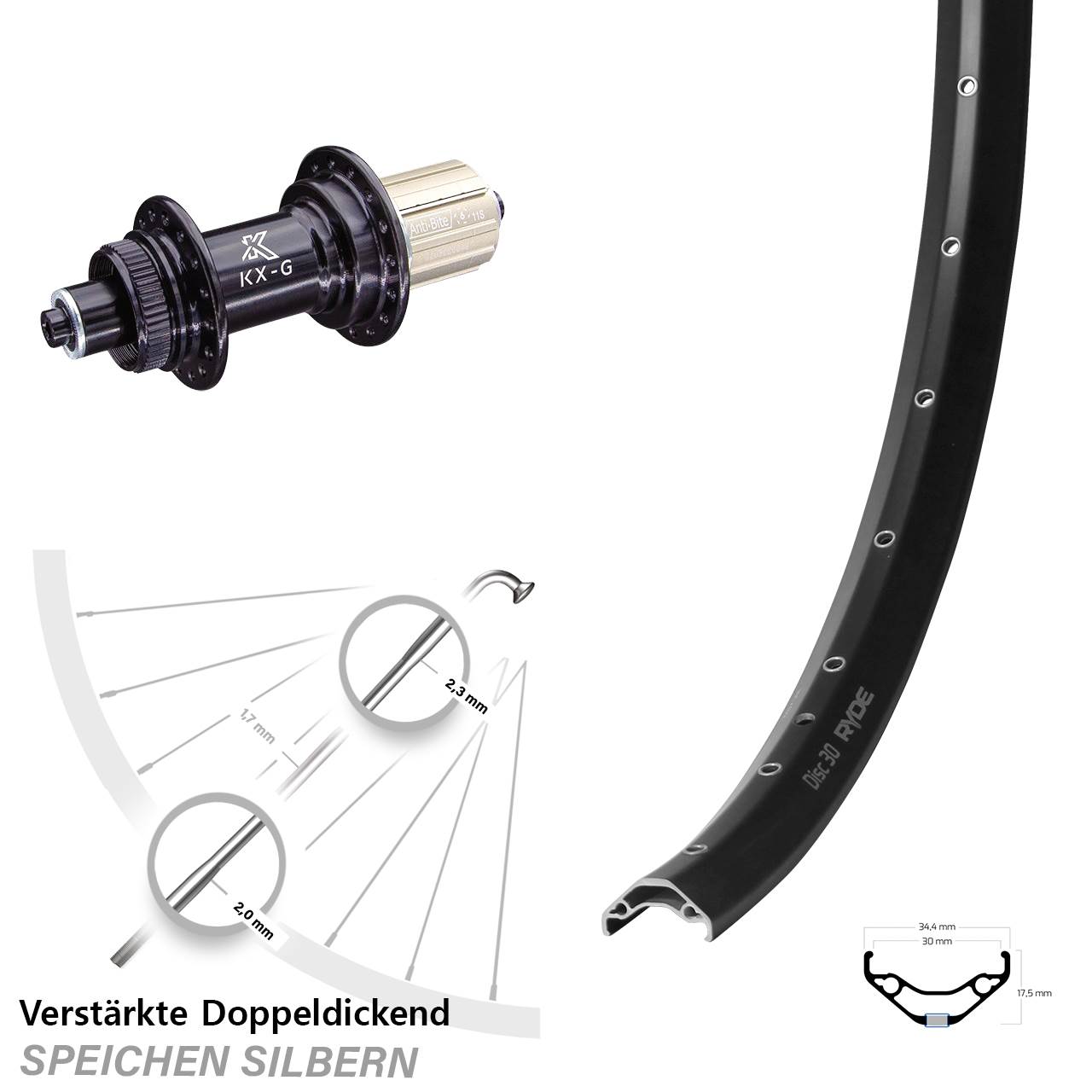 Centerlock Hinterrad QR 29 Zoll Ryde Disc 30 KX-G 8-12 fach