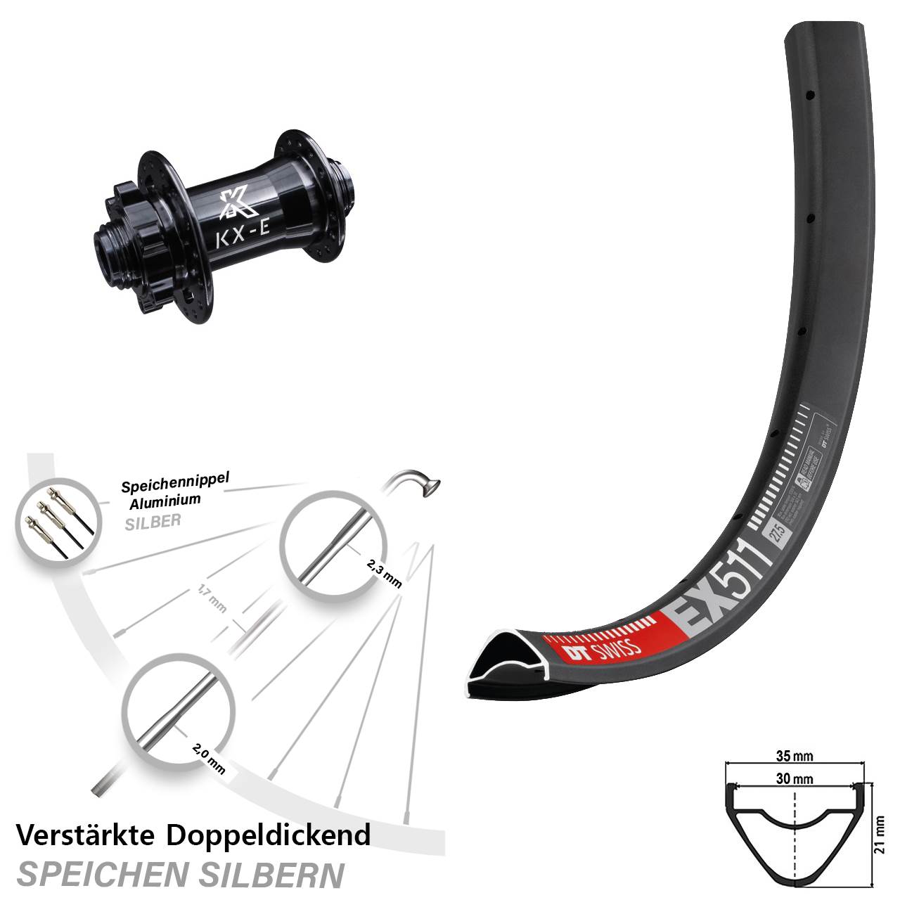Vorderrad 6-Loch 15x100 29 Zoll DT Swiss EX511 KX-E verstärkt