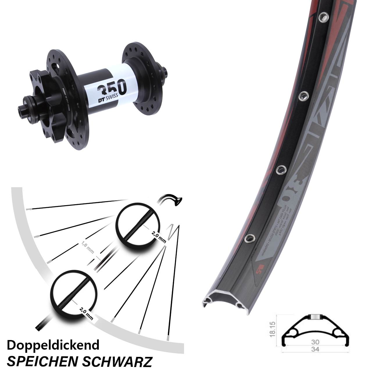 Disc Laufrad 29 Zoll Rodi TRYP 30 DT Swiss 350 für Schnellspanner
