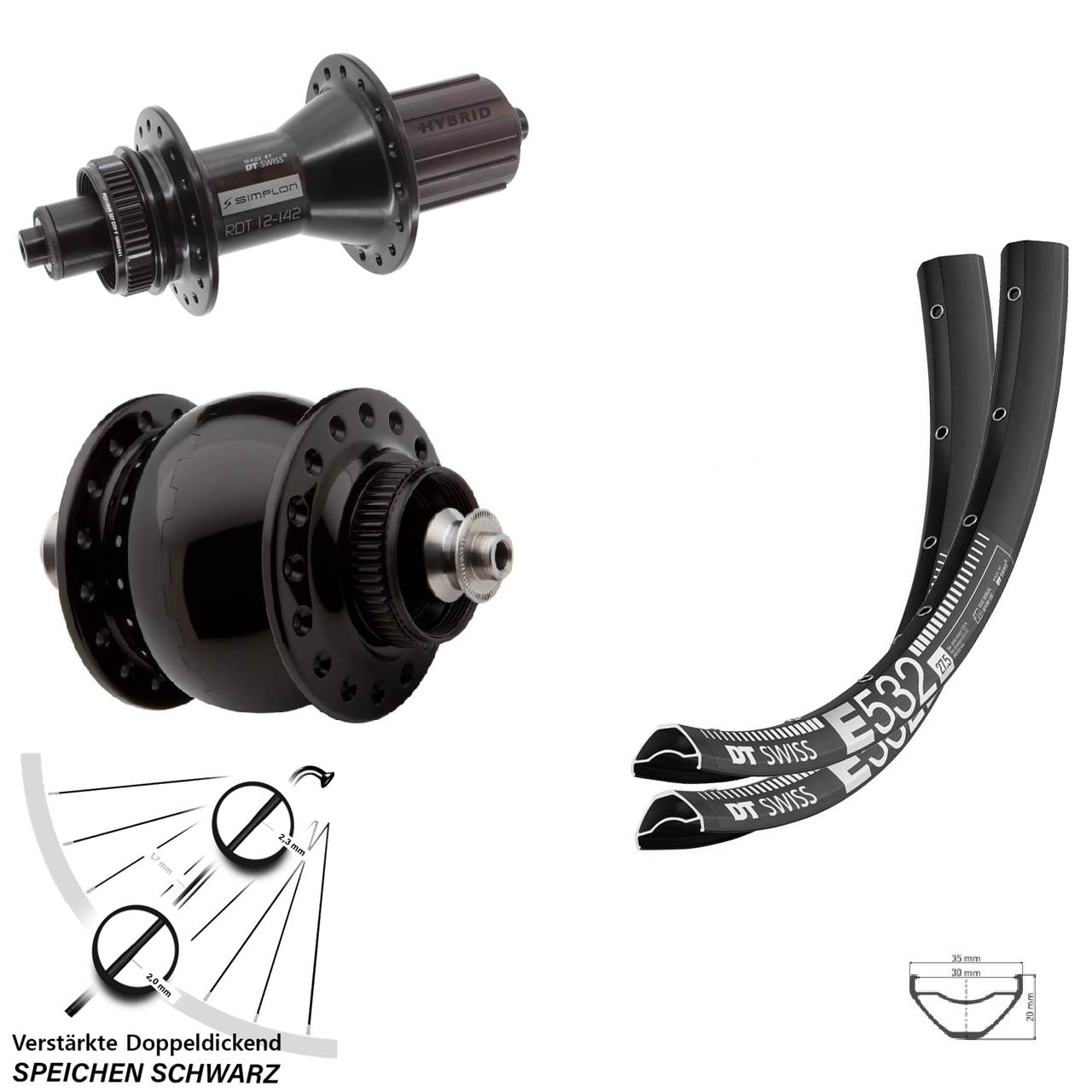 DT Swiss E 532-370 Hybrid SON delux 27,5 Zoll Disc Laufrad-Satz QR 8-11 fach