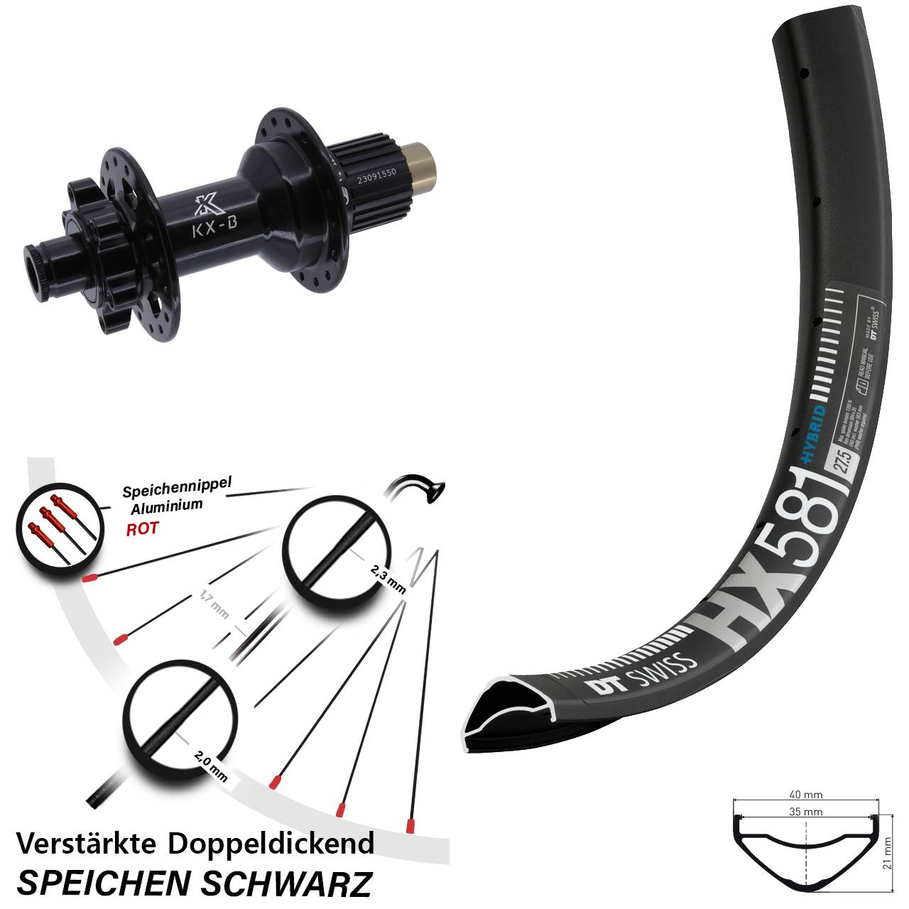 DT Swiss HX 581 KX-B 27,5 Zoll 6-Loch Hinterrad 12x148 Shimano Micro Spline