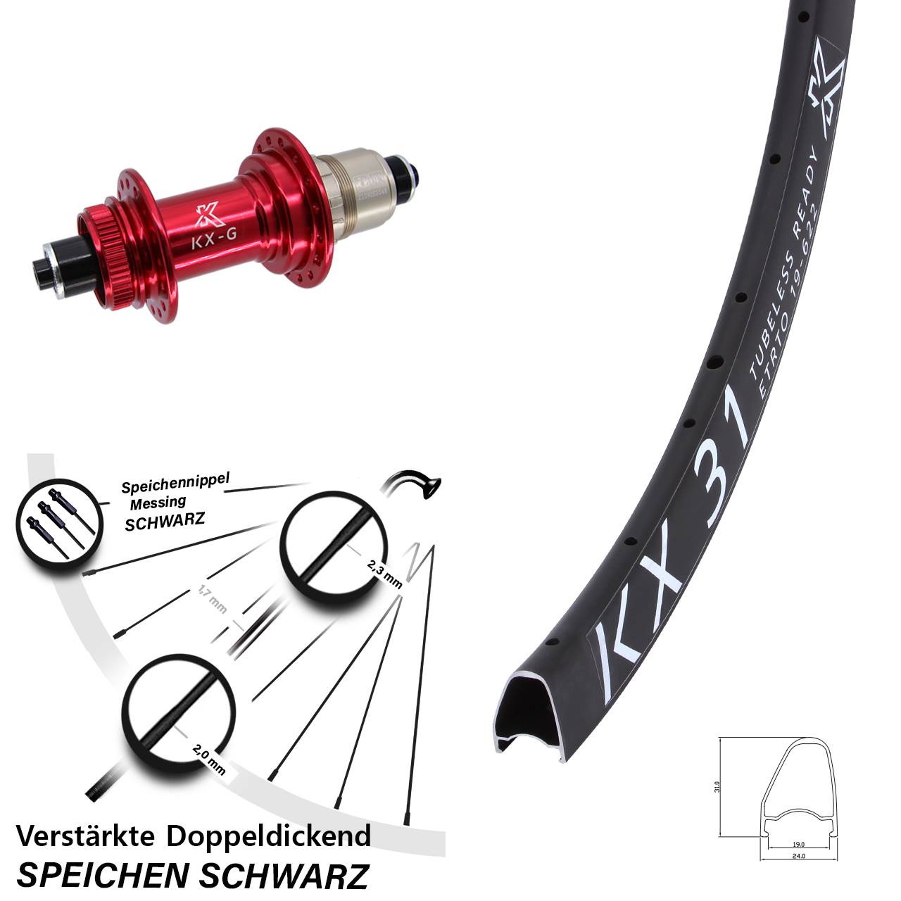 28 Zoll KX-G 31 Offset rot Centerlock Hinterrad QR XDR 11-12 fach