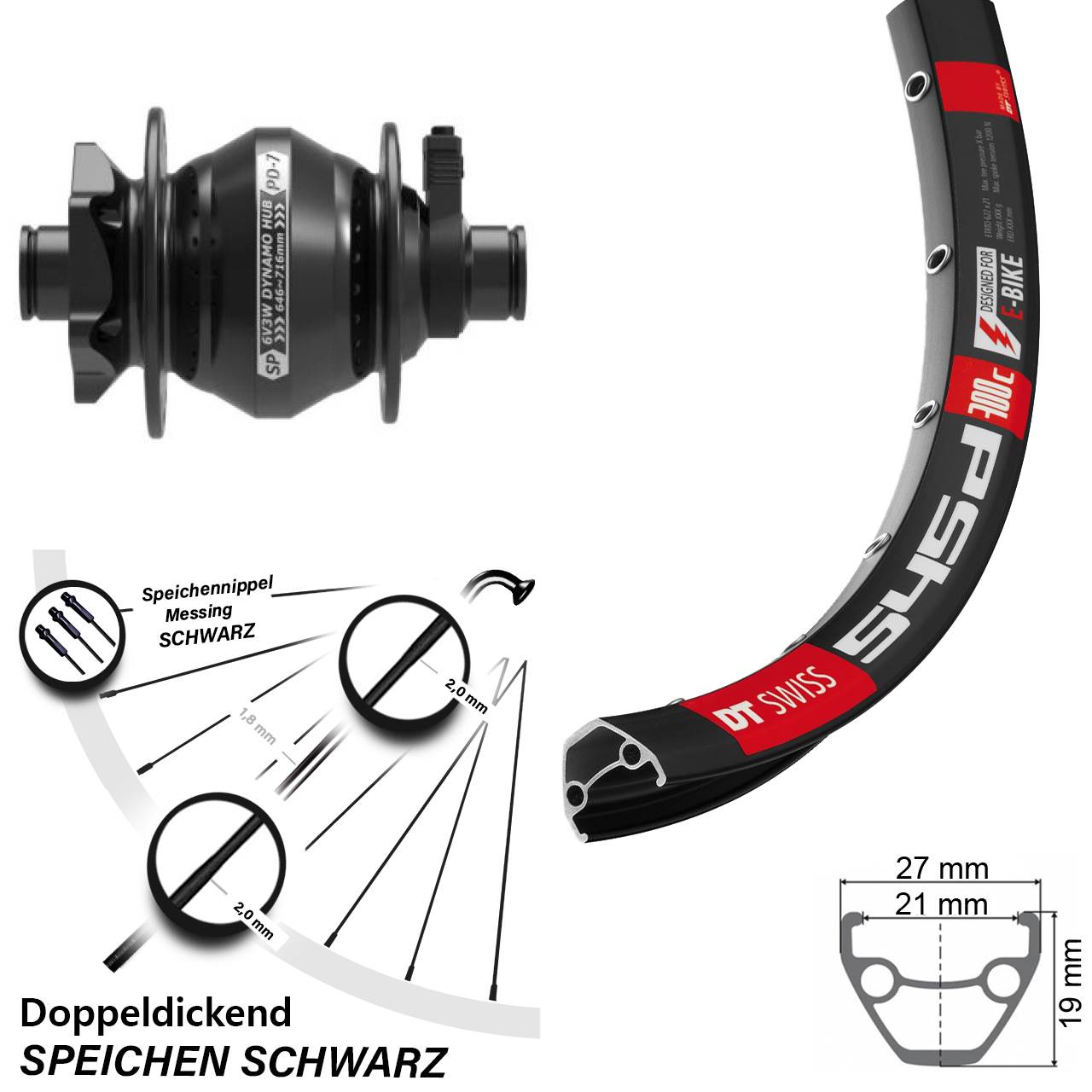 Nabendynamolaufrad Shutter Precision PD-7 DT Swiss 545 Disc 28 Zoll für 6-Loch