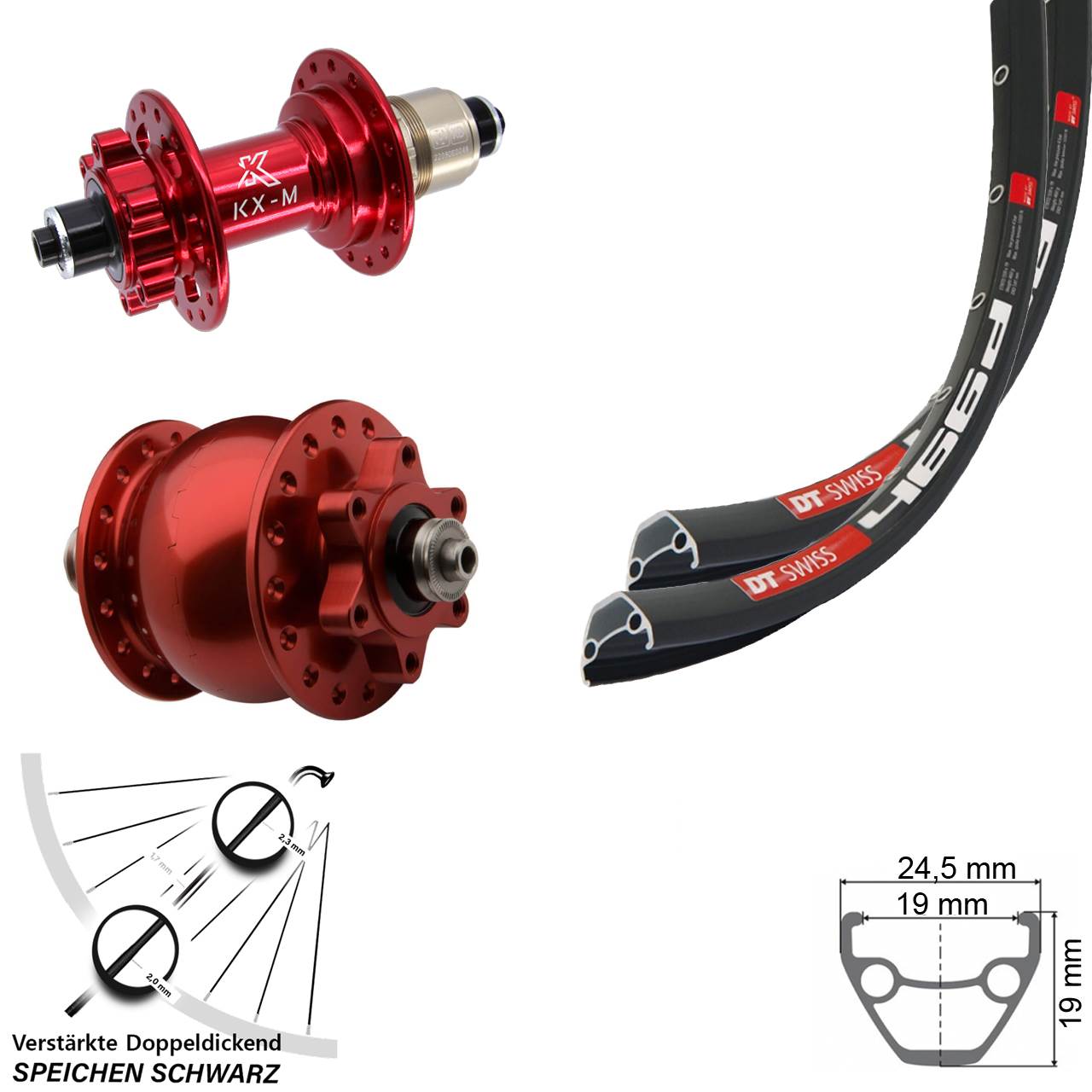 DT Swiss 466d KX-M rot SON 28 Zoll Disc Laufrad-Satz für Schnellspanner XD