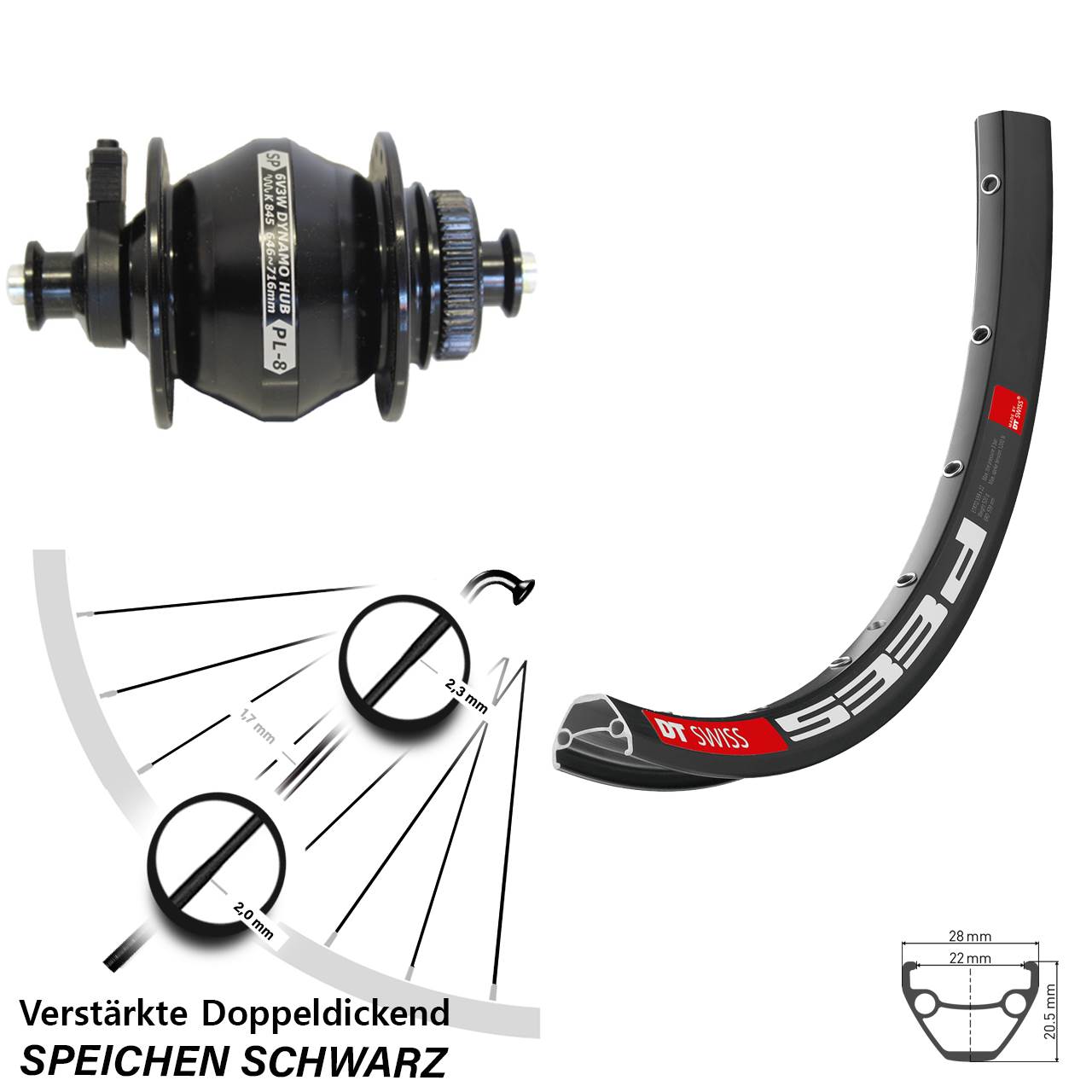 Disc Nabendynamo-Laufrad 29 Zoll DT Swiss 533 D Shutter Precision PL-8 für Schnellspanner